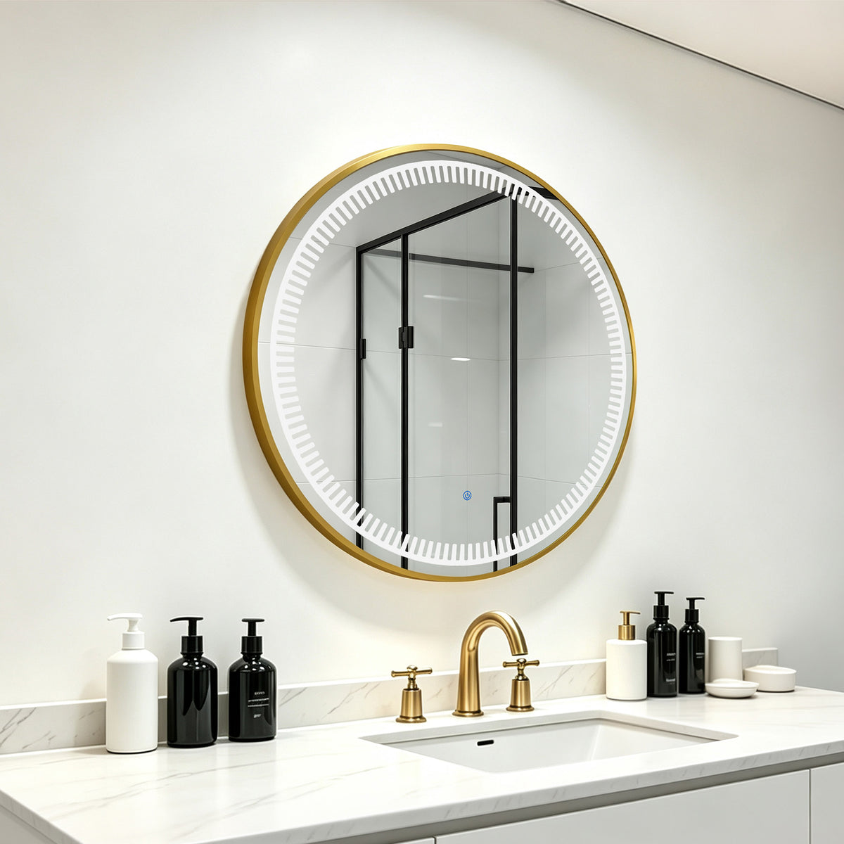 M MCombo Espejo de pared con iluminación, espejo de baño con marco de aluminio, espejo redondo con interruptor táctil, 3 colores de luz, regulable, espejo de baño J6236
