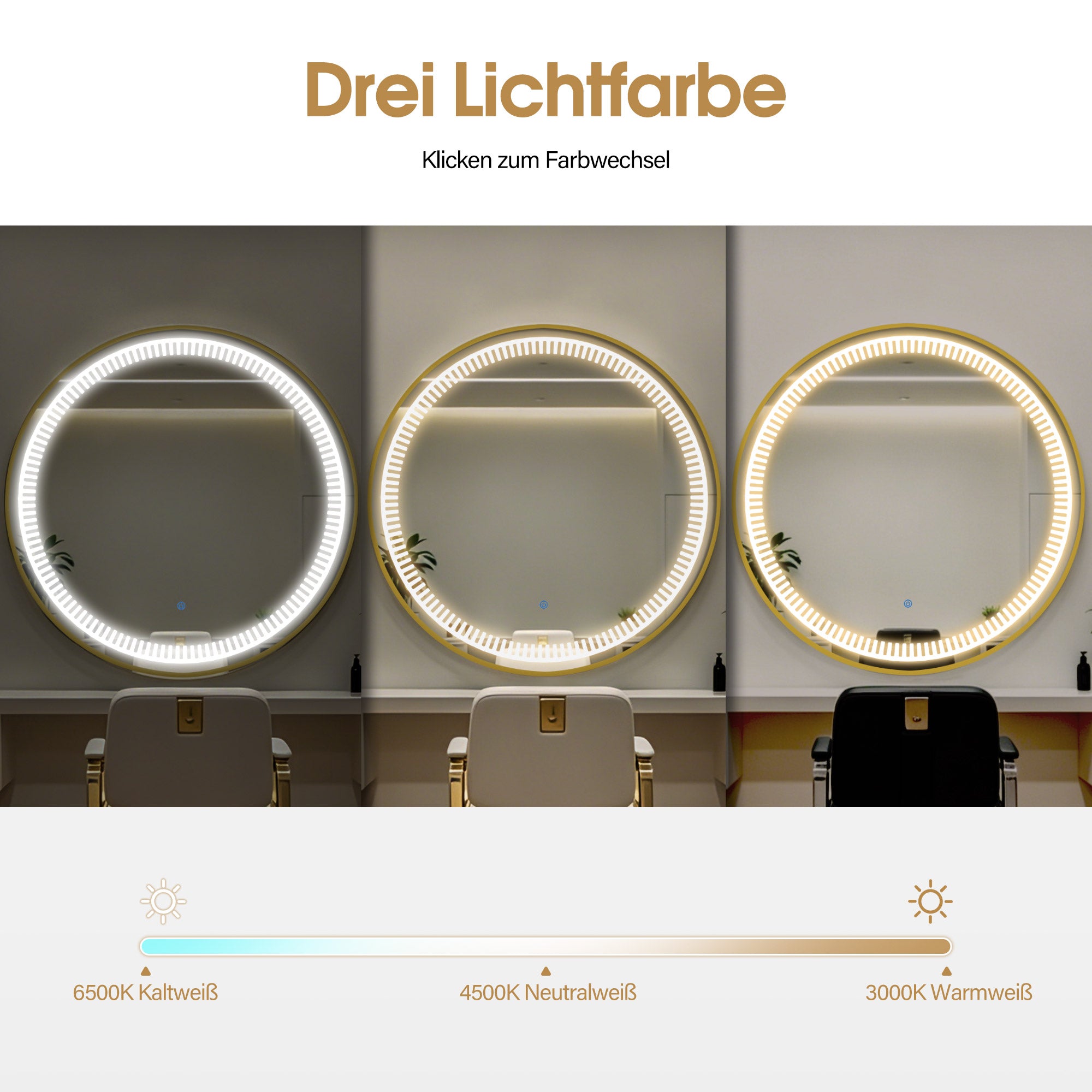 MCombo Specchio da parete con illuminazione, specchio da bagno con cornice in alluminio, specchio rotondo con interruttore touch, 3 colori di luce, dimmerabile, specchio da bagno J6236