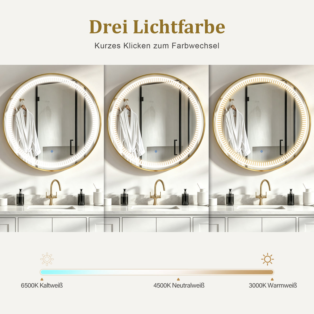 M MCombo Espejo de pared con iluminación, espejo de baño con marco de aluminio, espejo redondo con interruptor táctil, 3 colores de luz, regulable, espejo de baño J6236