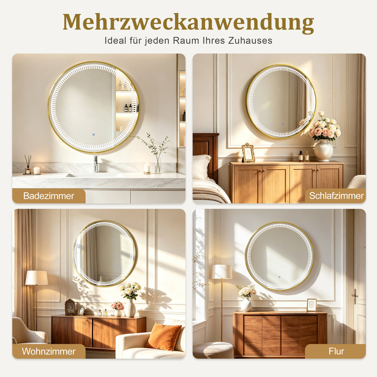 M MCombo Espejo de pared con iluminación, espejo de baño con marco de aluminio, espejo redondo con interruptor táctil, 3 colores de luz, regulable, espejo de baño J6236
