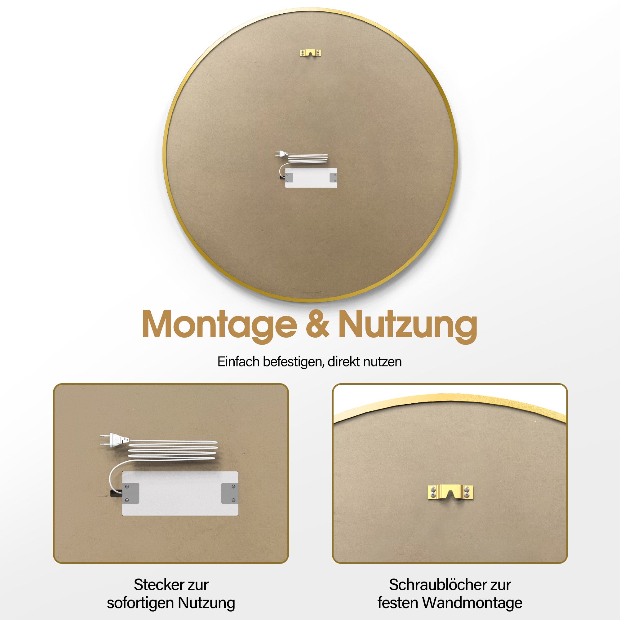 MCombo Specchio da parete con illuminazione, specchio da bagno con cornice in alluminio, specchio rotondo con interruttore touch, 3 colori di luce, dimmerabile, specchio da bagno J6236