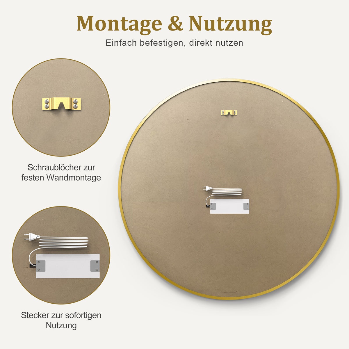 M MCombo Espejo de pared con iluminación, espejo de baño con marco de aluminio, espejo redondo con interruptor táctil, 3 colores de luz, regulable, espejo de baño J6236