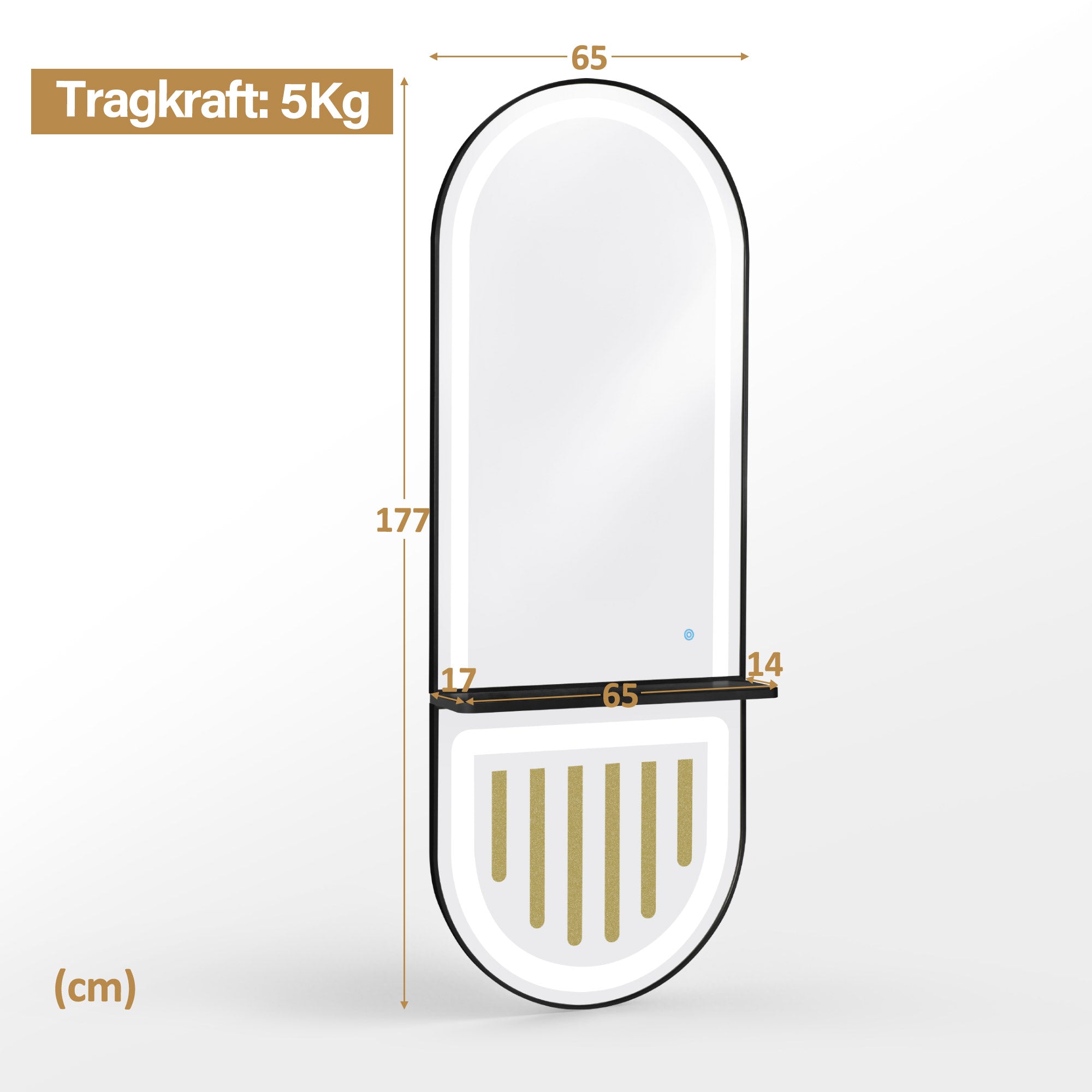 M MCombo wandspiegel met verlichting, passpiegel met aluminium frame, grote spiegel met plank, aanraakschakelaar, dimbaar met 3 lichtkleuren, modern voor kapsalon, 17x65x177 cm, J6257