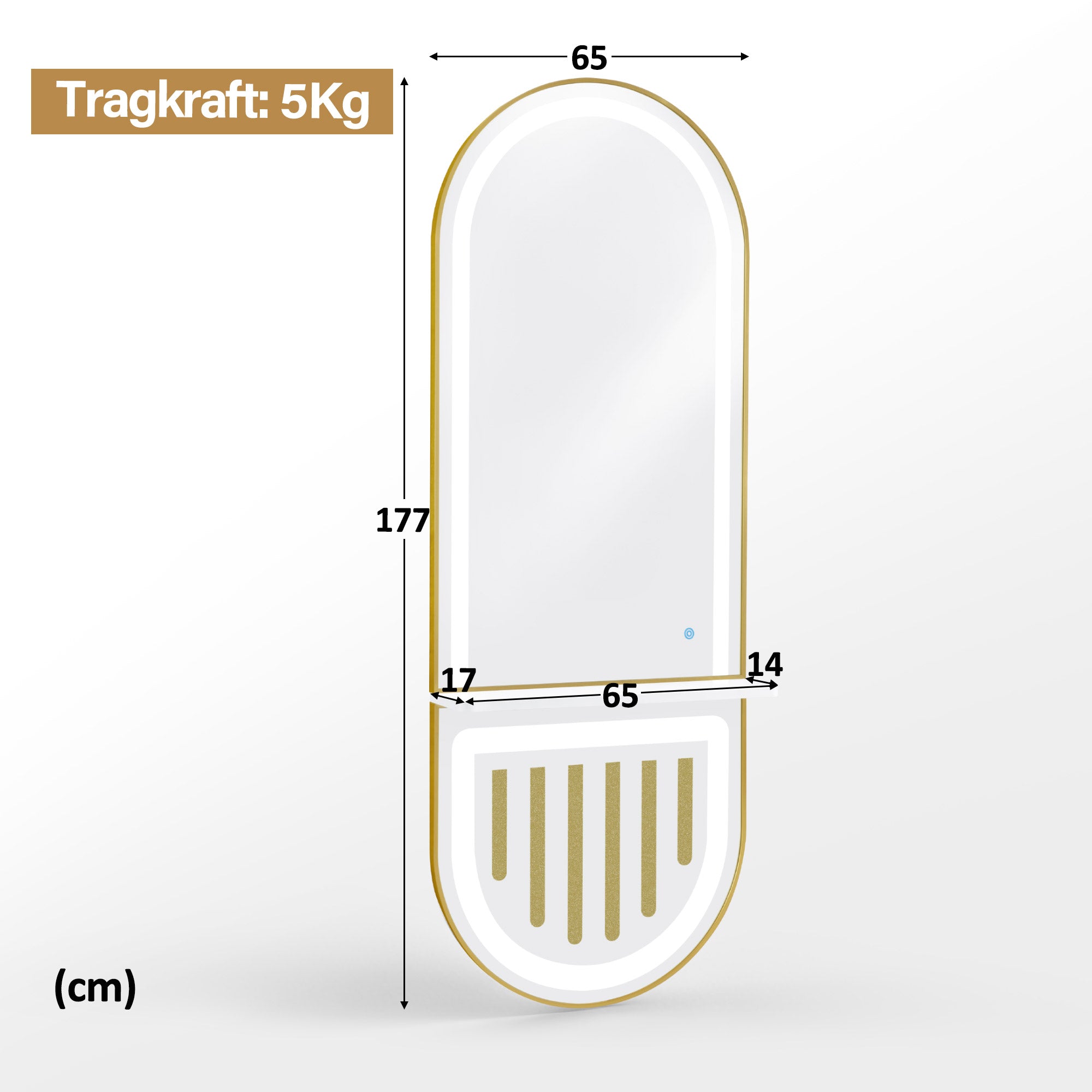 M MCombo wandspiegel met verlichting, passpiegel met aluminium frame, grote spiegel met plank, aanraakschakelaar, dimbaar met 3 lichtkleuren, modern voor kapsalon, 17x65x177 cm, J6257