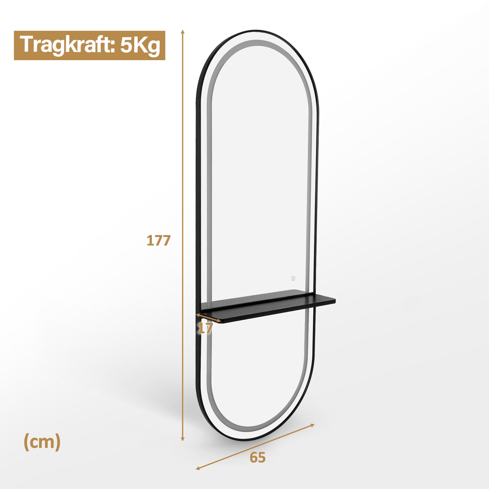 M MCombo Wandspiegel met verlichting, full-length spiegel met aluminium frame, grote spiegel met plank, touch-schakelaar, 3 dimbare lichtkleuren, voor kapsalon, 17x65x177 cm, J6270
