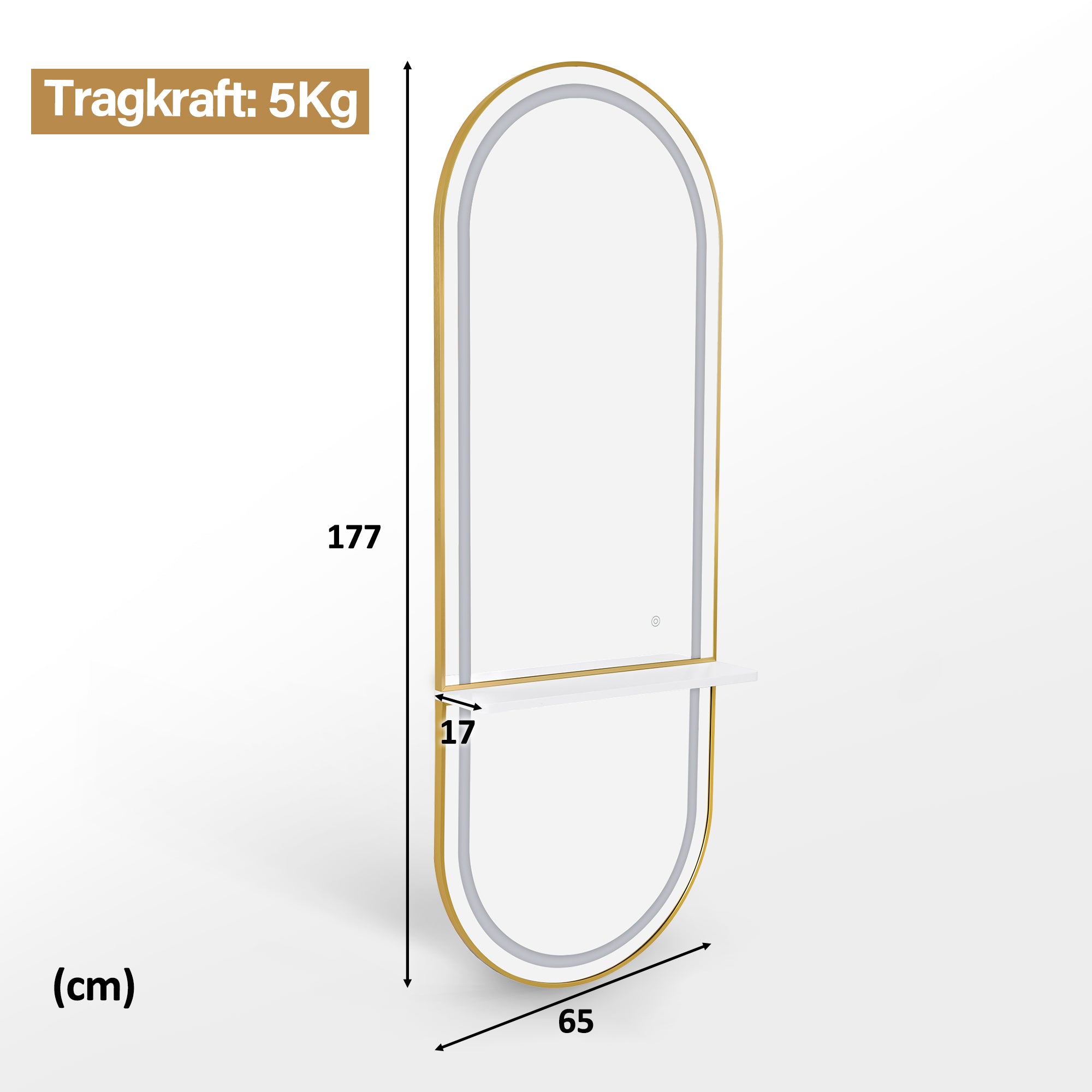 M MCombo Wandspiegel met verlichting, full-length spiegel met aluminium frame, grote spiegel met plank, touch-schakelaar, 3 dimbare lichtkleuren, voor kapsalon, 17x65x177 cm, J6270