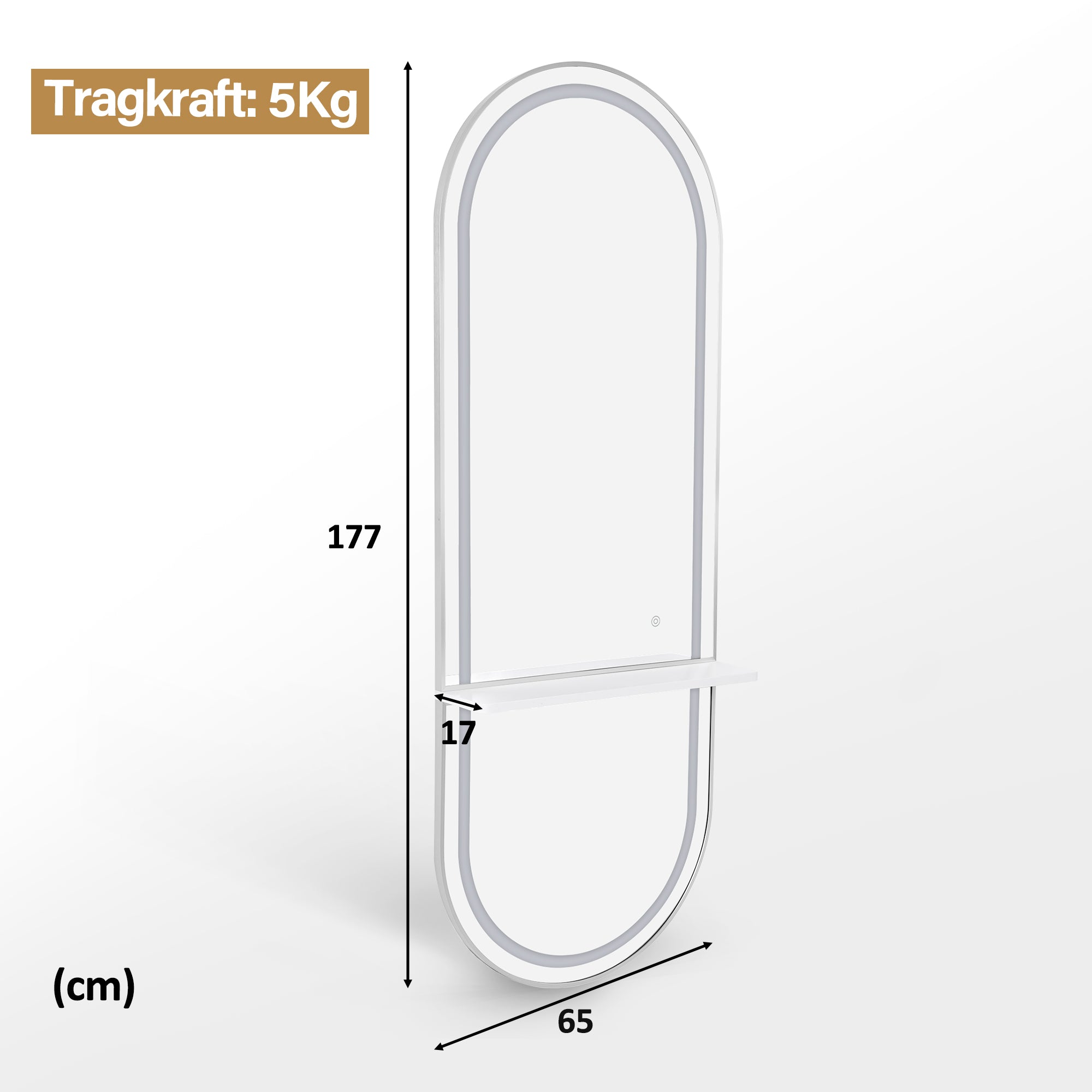 M MCombo Wandspiegel met verlichting, full-length spiegel met aluminium frame, grote spiegel met plank, touch-schakelaar, 3 dimbare lichtkleuren, voor kapsalon, 17x65x177 cm, J6270