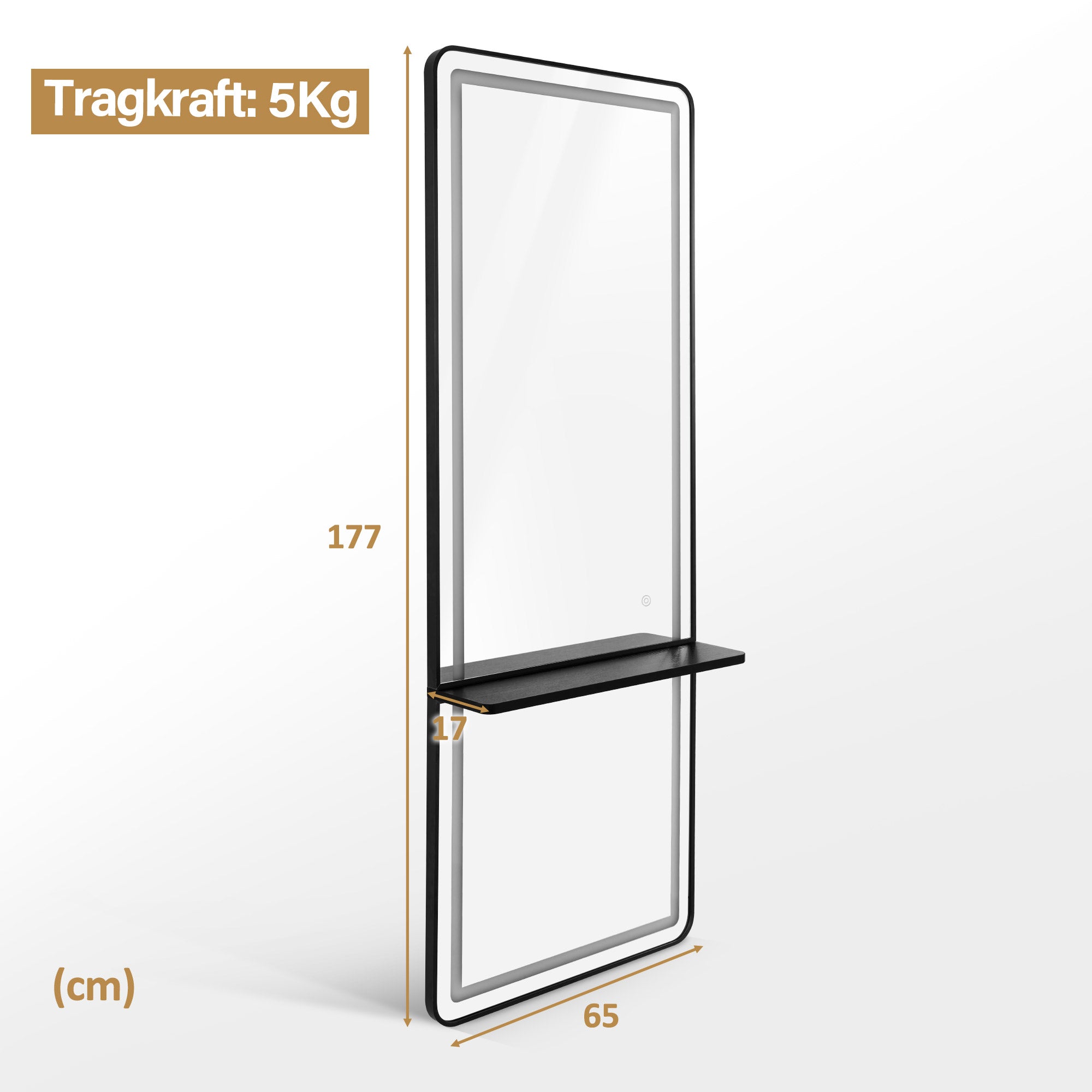 M MCombo Wandspiegel met Verlichting, Volledige Lichaam Spiegel met Aluminium Frame, Grote Spiegel met Plank, Touch-Schakelaar, 3 Lichtkleuren Dimbaar, 17x65x177 cm, J6271