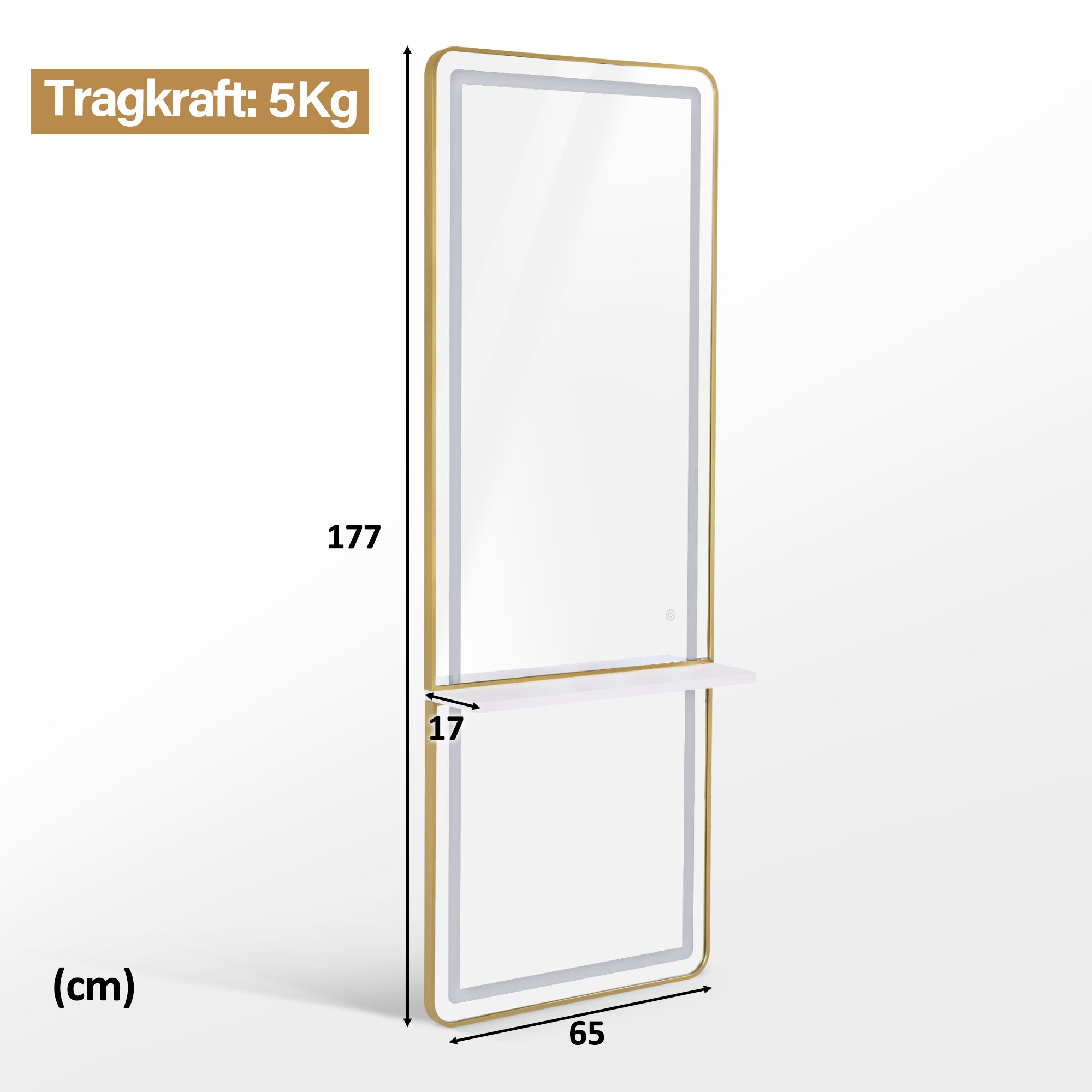 M MCombo Wandspiegel met Verlichting, Volledige Lichaam Spiegel met Aluminium Frame, Grote Spiegel met Plank, Touch-Schakelaar, 3 Lichtkleuren Dimbaar, 17x65x177 cm, J6271