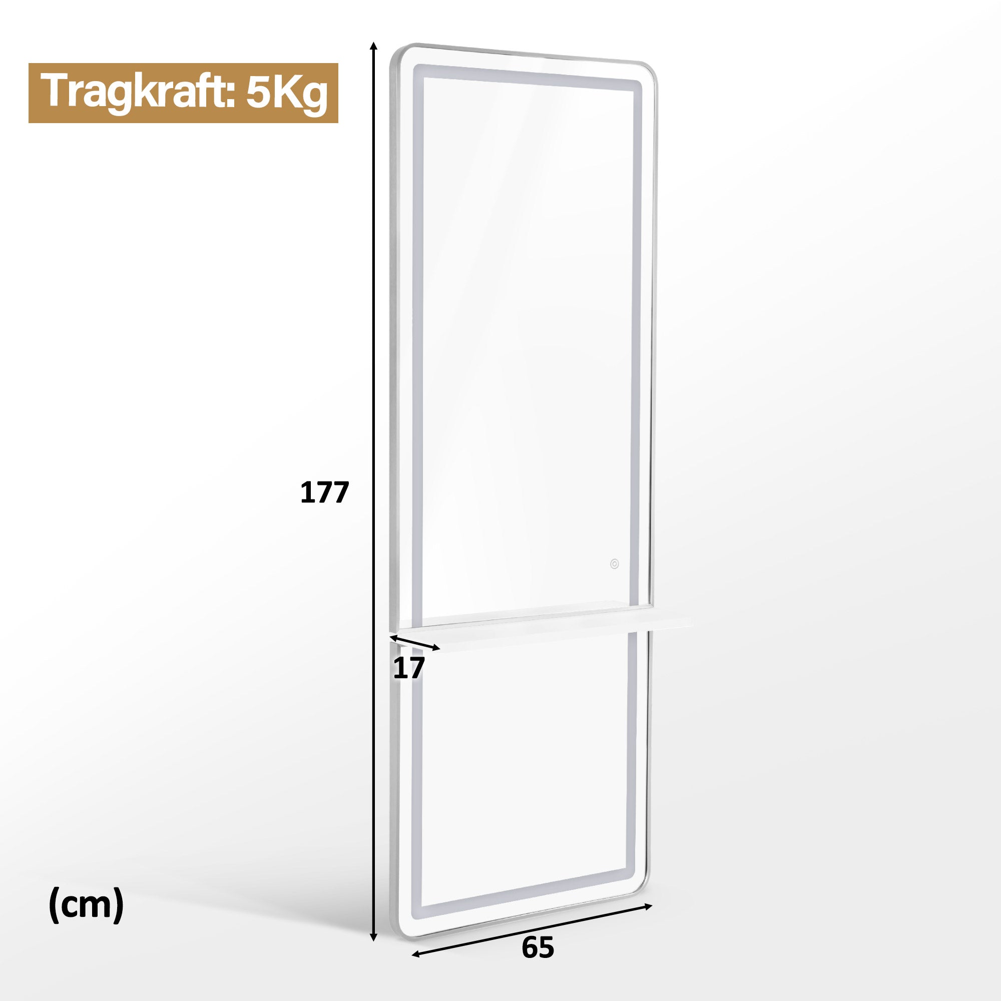 M MCombo Wandspiegel met Verlichting, Volledige Lichaam Spiegel met Aluminium Frame, Grote Spiegel met Plank, Touch-Schakelaar, 3 Lichtkleuren Dimbaar, 17x65x177 cm, J6271