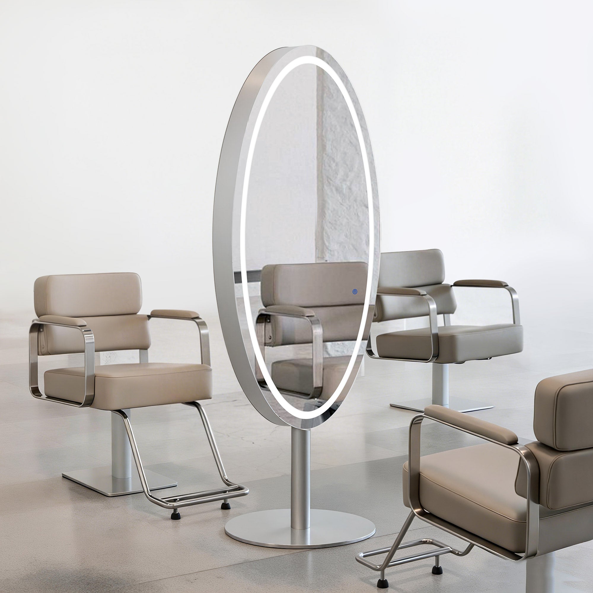 MCombo Specchio a figura intera con illuminazione, in acciaio inox, ampio specchio doppio con base, interruttore touch, 3 colori di luce, dimmerabile, J8363