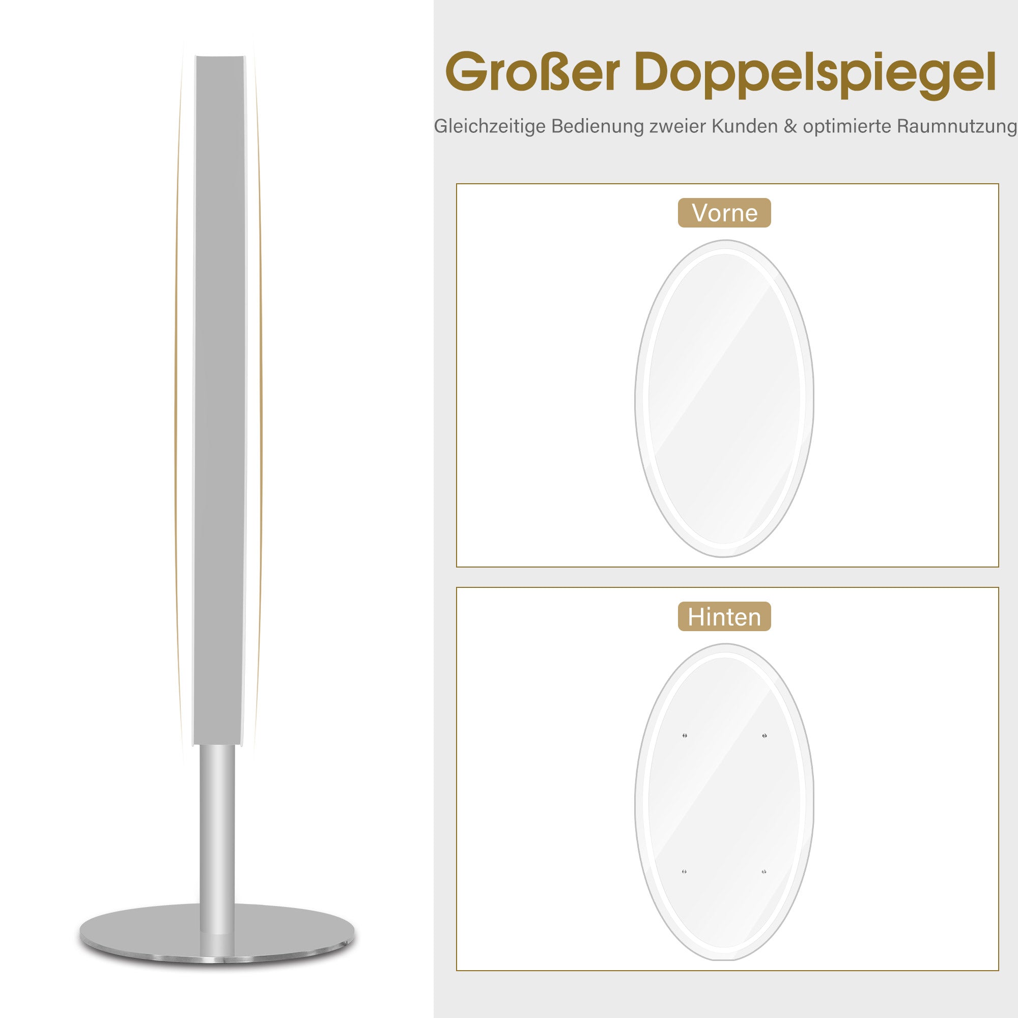 MCombo Specchio a figura intera con illuminazione, in acciaio inox, ampio specchio doppio con base, interruttore touch, 3 colori di luce, dimmerabile, J8363