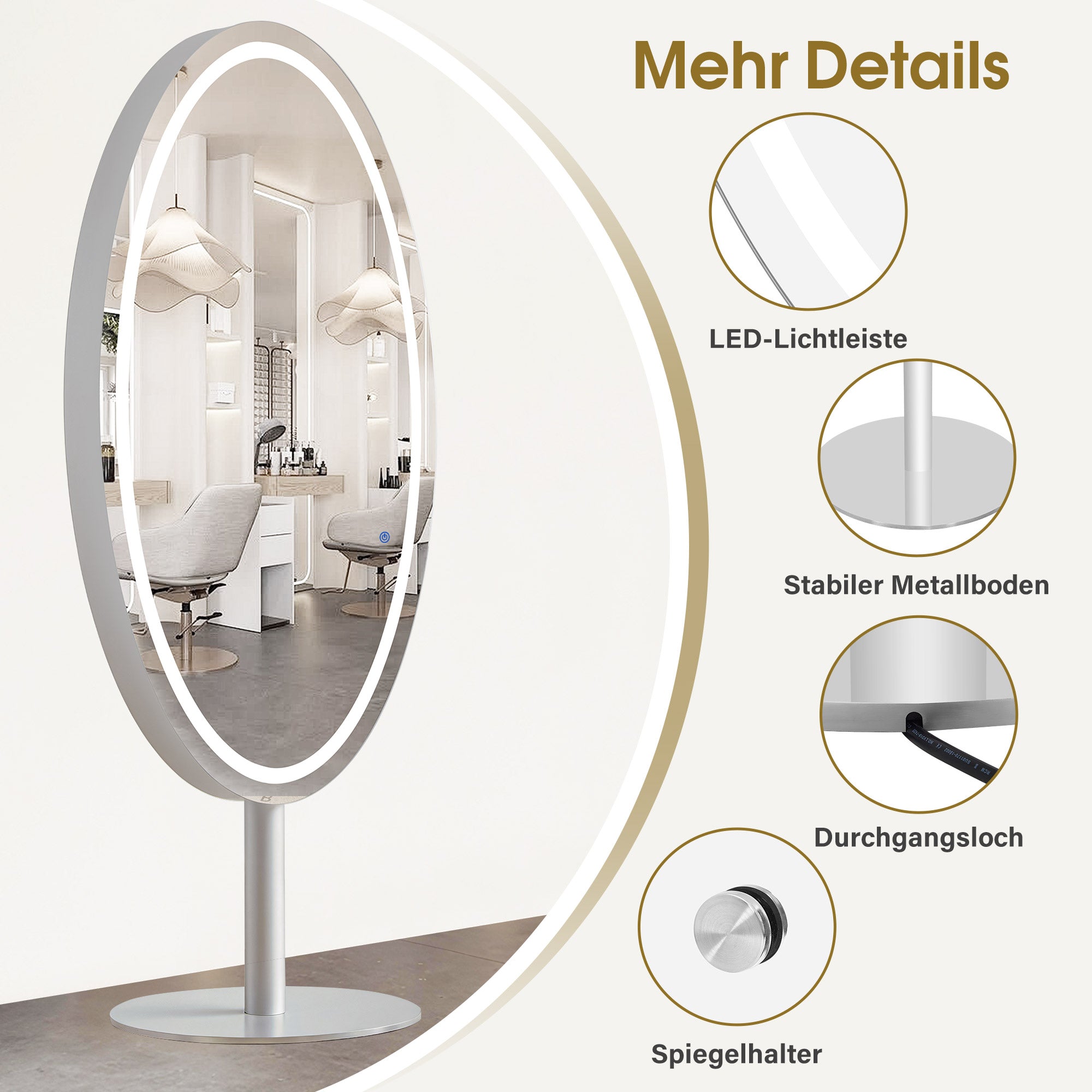 MCombo Specchio a figura intera con illuminazione, in acciaio inox, ampio specchio doppio con base, interruttore touch, 3 colori di luce, dimmerabile, J8363