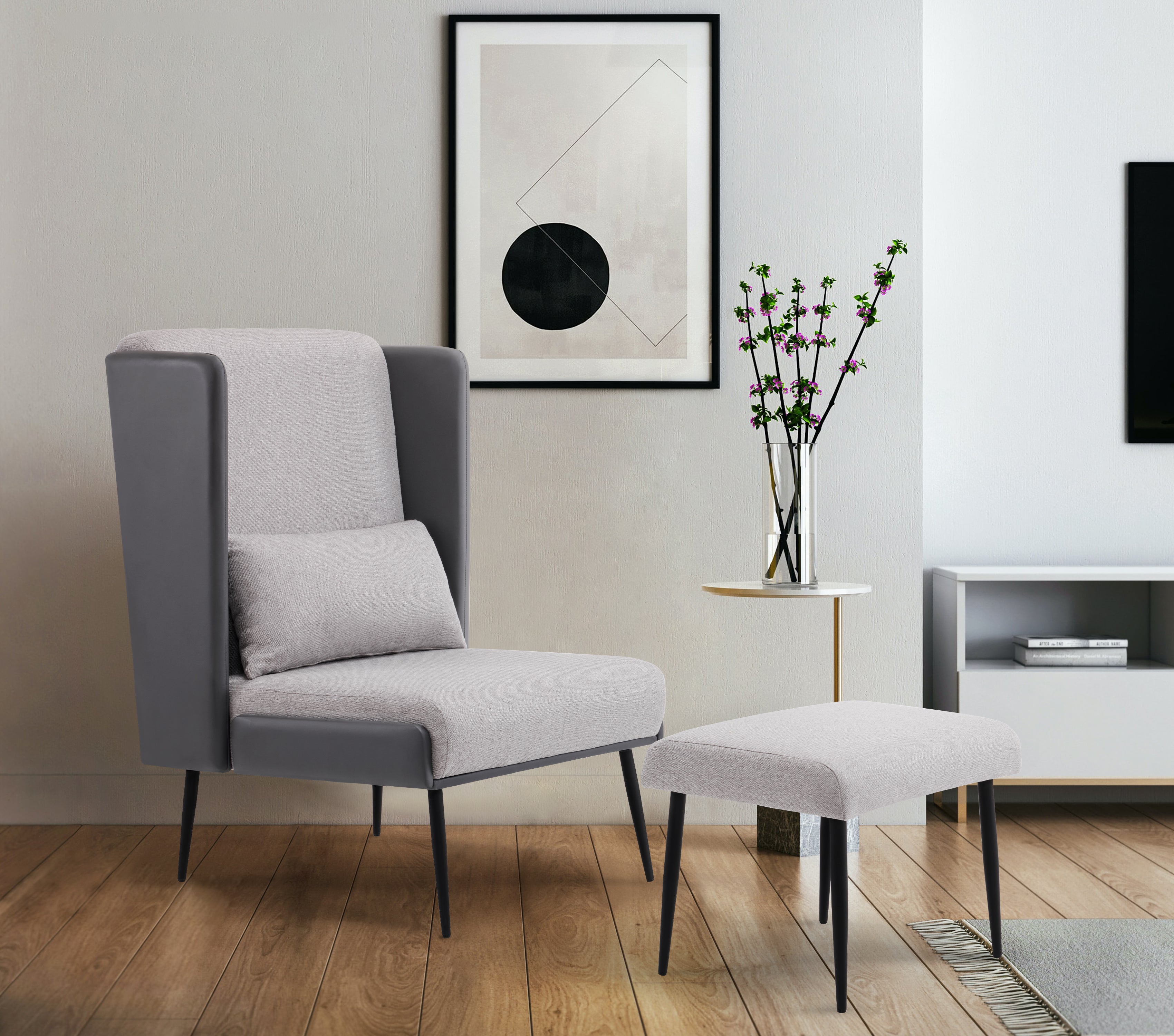 MCombo Poltrona con schienale alto e poggiapiedi, poltrona reclinabile imbottita per soggiorno, comoda poltrona da lettura, poltrona TV con schienale alto, poltrona lounge moderna, tessuto/ecopelle 4707 (grigio)