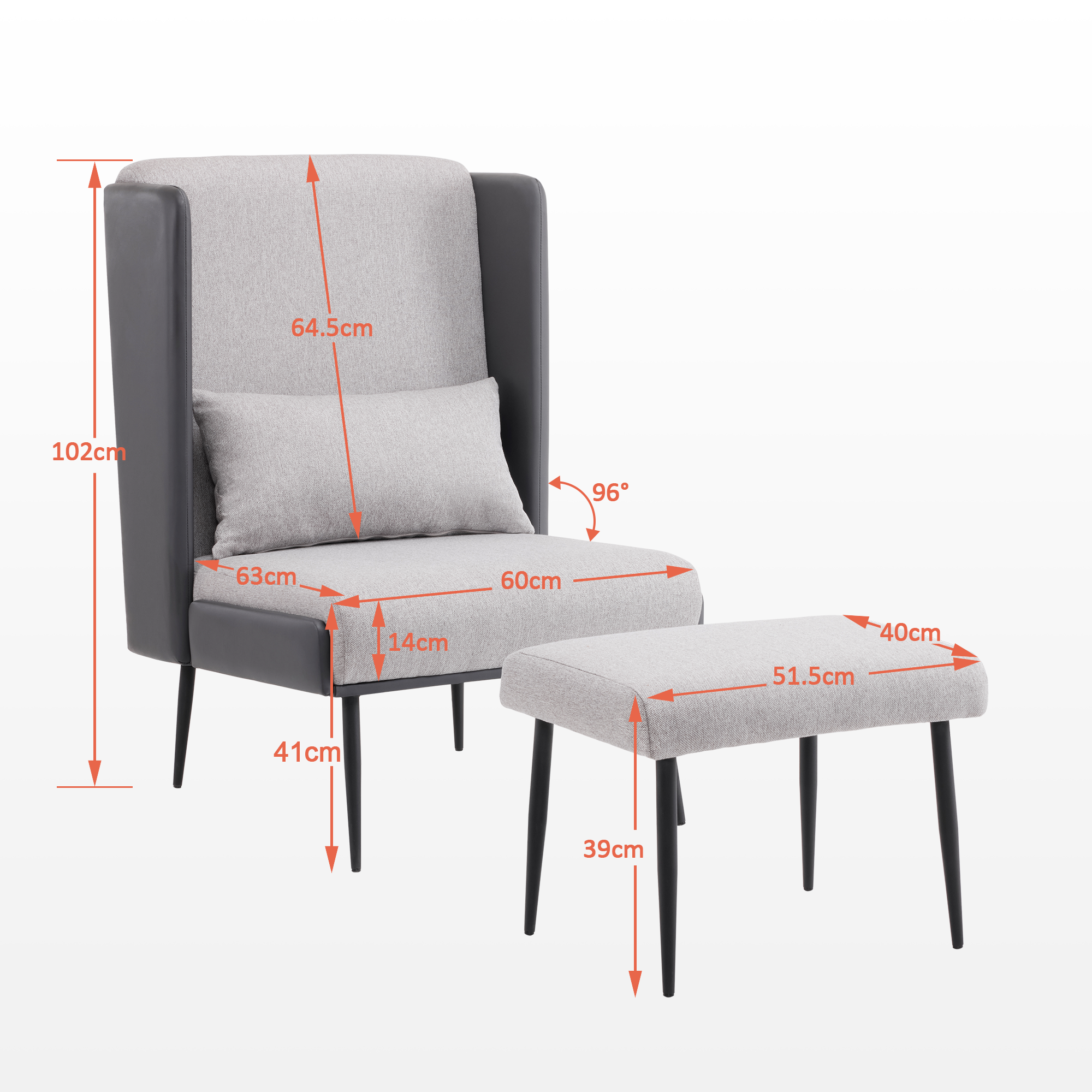 MCombo Poltrona con schienale alto e poggiapiedi, poltrona reclinabile imbottita per soggiorno, comoda poltrona da lettura, poltrona TV con schienale alto, poltrona lounge moderna, tessuto/ecopelle 4707 (grigio)