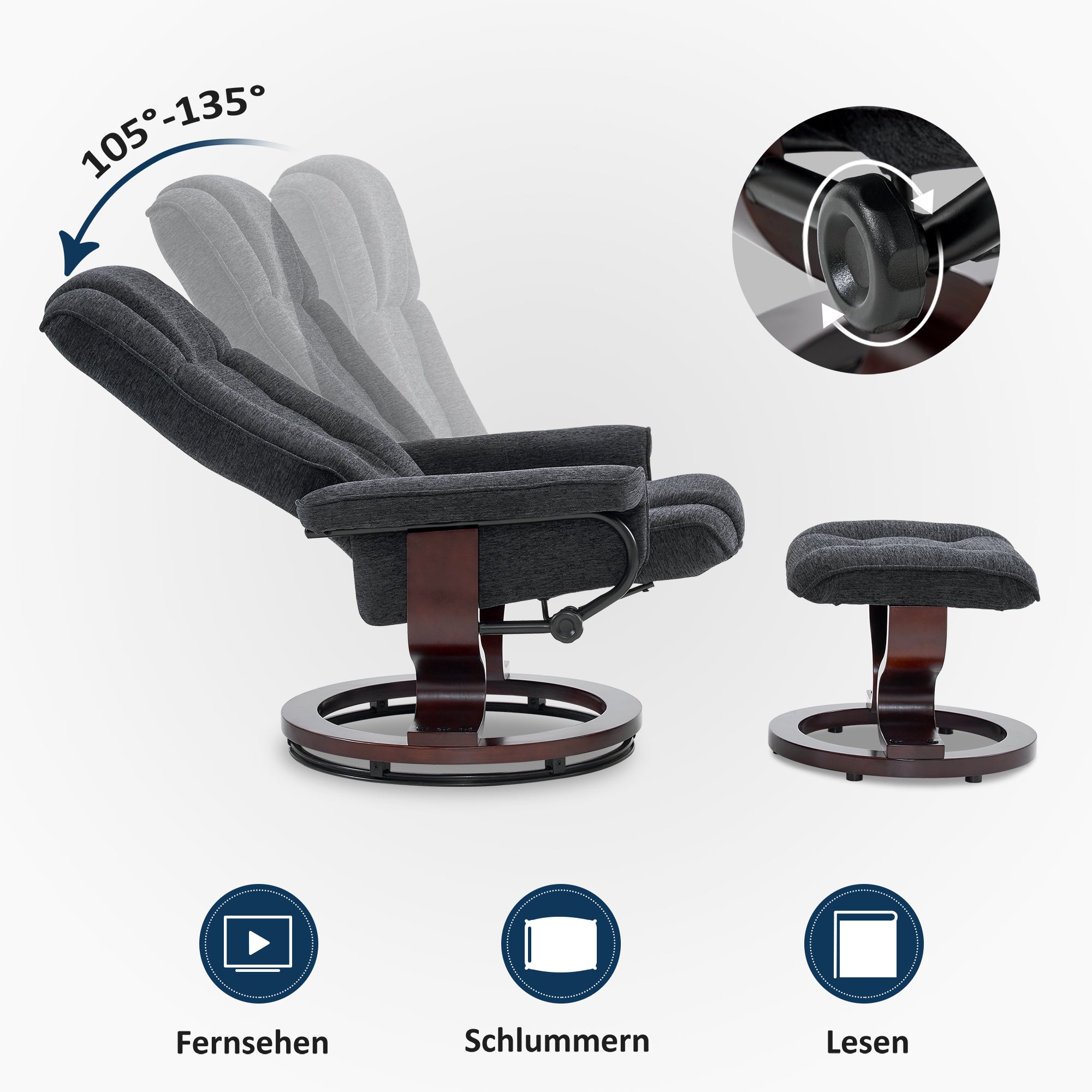 MCombo Poltrona relax con poggiapiedi, poltrona TV girevole a 360° con funzione reclinabile, poltrona TV con portata massima di 120 kg, moderna poltrona lounge per soggiorno, 9019