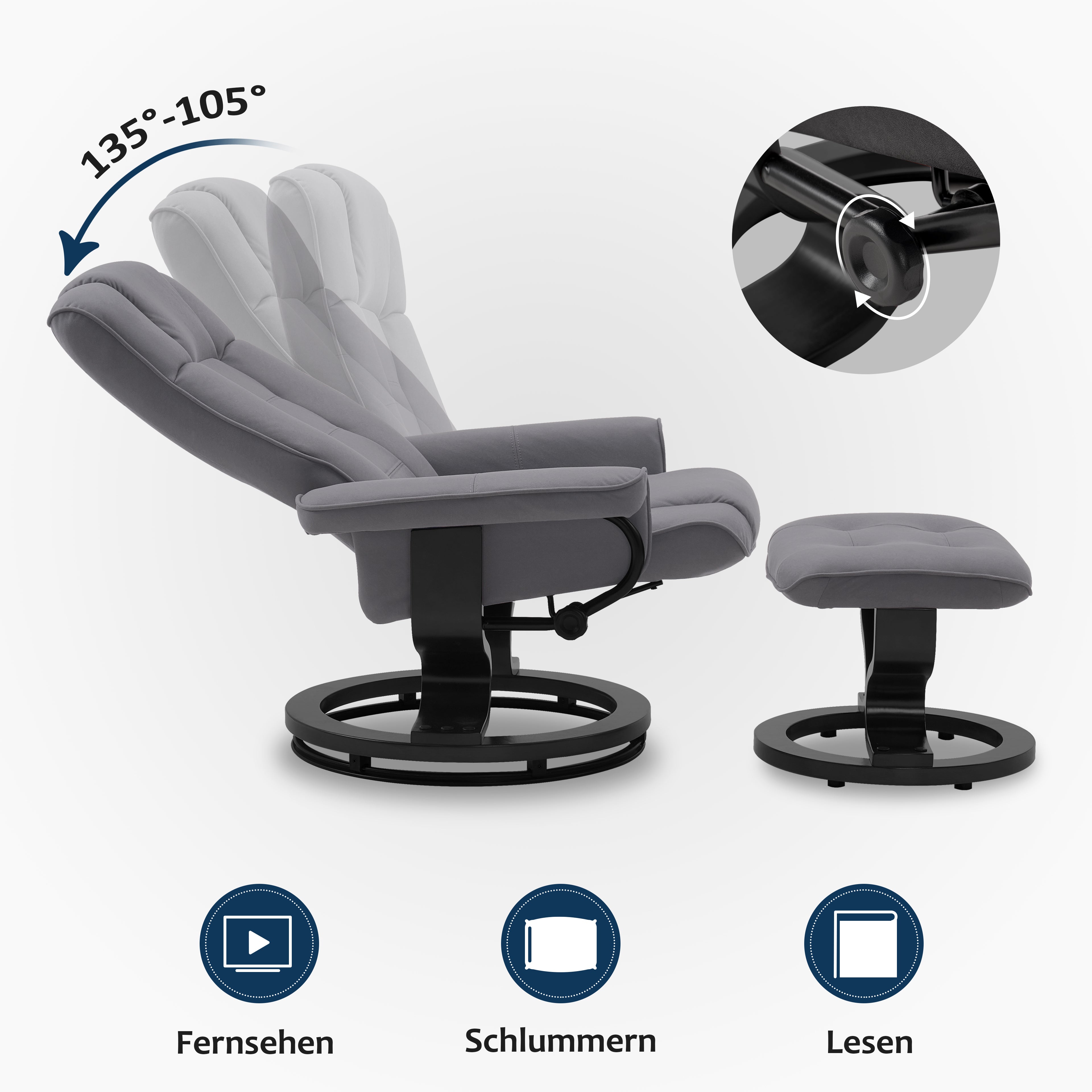 MCombo Poltrona relax con poggiapiedi, poltrona TV girevole a 360° con funzione reclinabile, poltrona TV con portata massima di 120 kg, moderna poltrona lounge per soggiorno, 9019