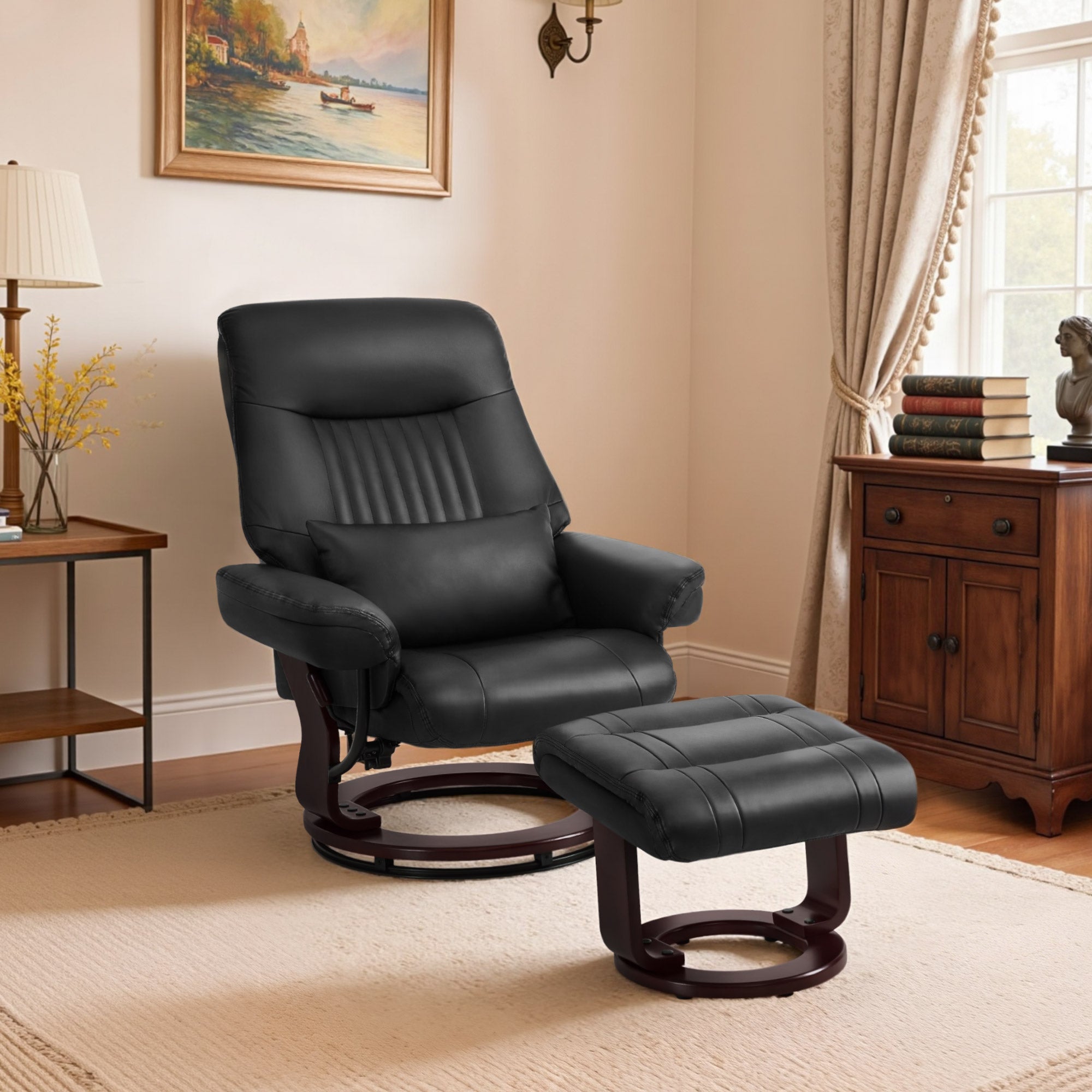 MCombo Poltrona relax con funzione reclinabile, poltrona da lettura, poltrona TV girevole a 360° con poggiapiedi, cuscino e tasca laterale, portata massima 120 kg, poltrona TV per soggiorno, 9035