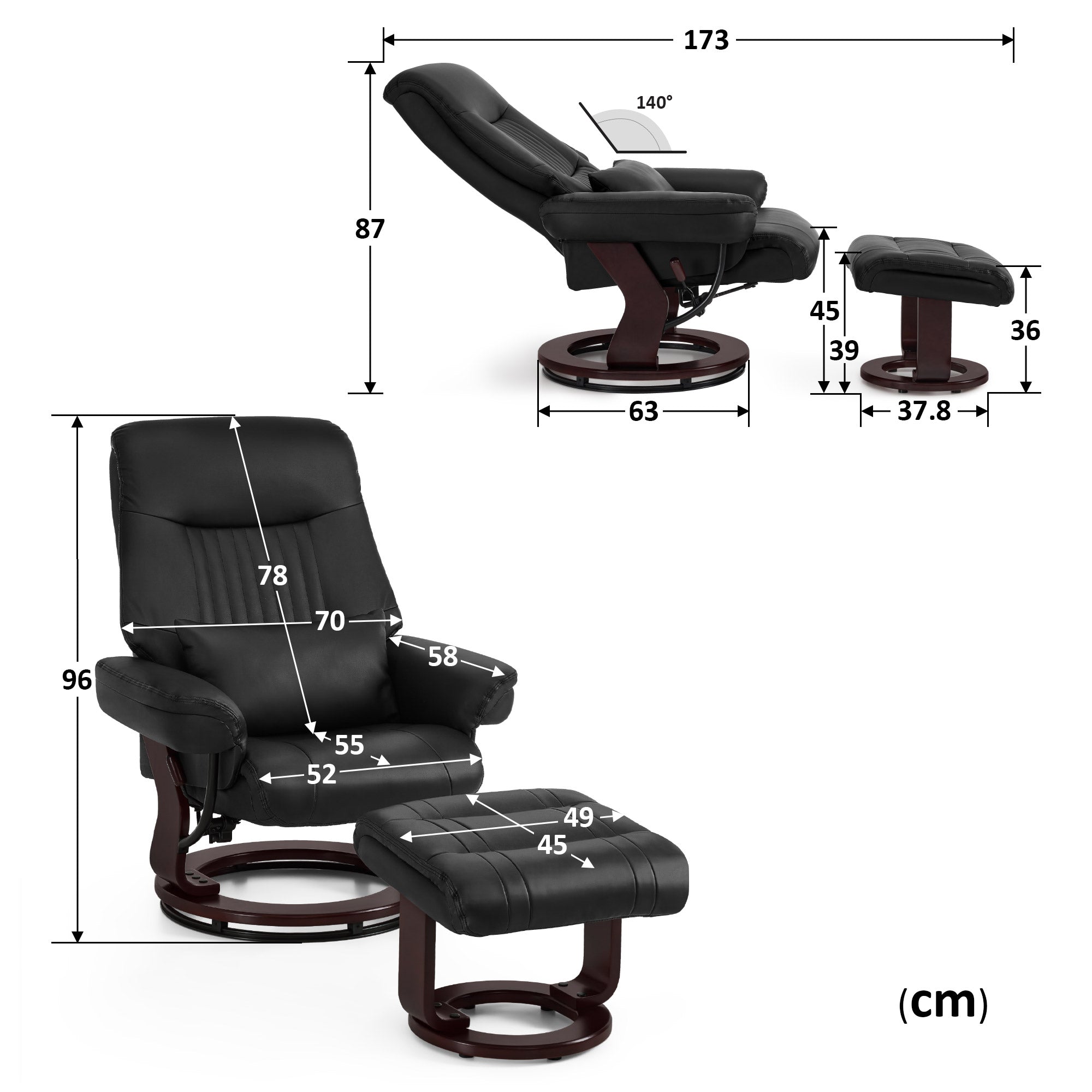 MCombo Poltrona relax con funzione reclinabile, poltrona da lettura, poltrona TV girevole a 360° con poggiapiedi, cuscino e tasca laterale, portata massima 120 kg, poltrona TV per soggiorno, 9035