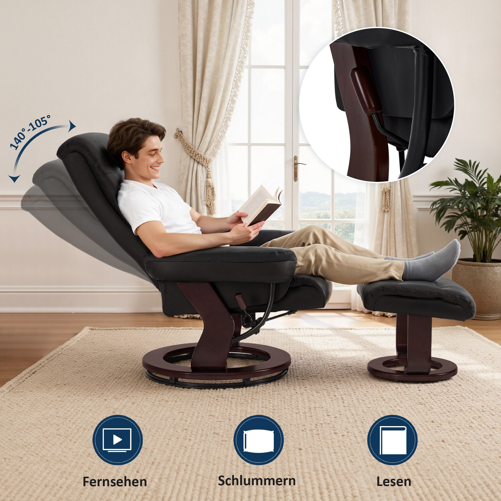 MCombo Poltrona relax con funzione reclinabile, poltrona da lettura, poltrona TV girevole a 360° con poggiapiedi, cuscino e tasca laterale, portata massima 120 kg, poltrona TV per soggiorno, 9035