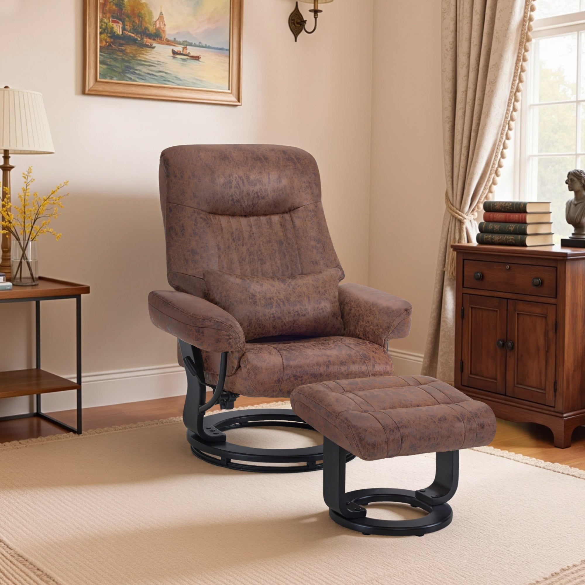 MCombo Poltrona relax con funzione reclinabile, poltrona da lettura, poltrona TV girevole a 360° con poggiapiedi, cuscino e tasca laterale, portata massima 120 kg, poltrona TV per soggiorno, 9035