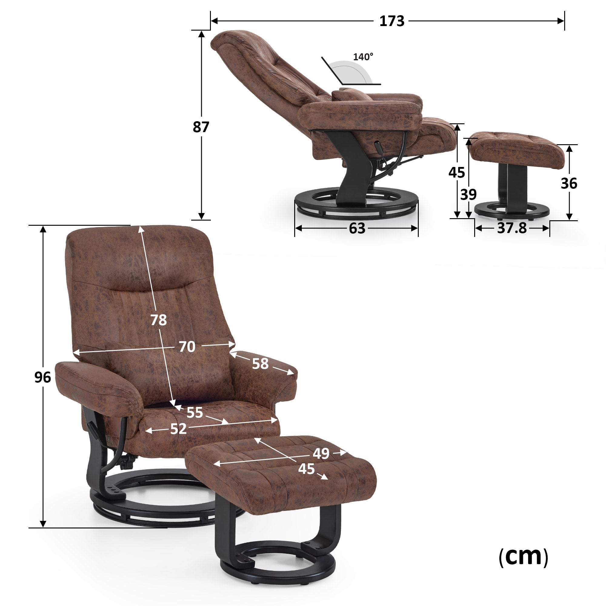 MCombo Poltrona relax con funzione reclinabile, poltrona da lettura, poltrona TV girevole a 360° con poggiapiedi, cuscino e tasca laterale, portata massima 120 kg, poltrona TV per soggiorno, 9035