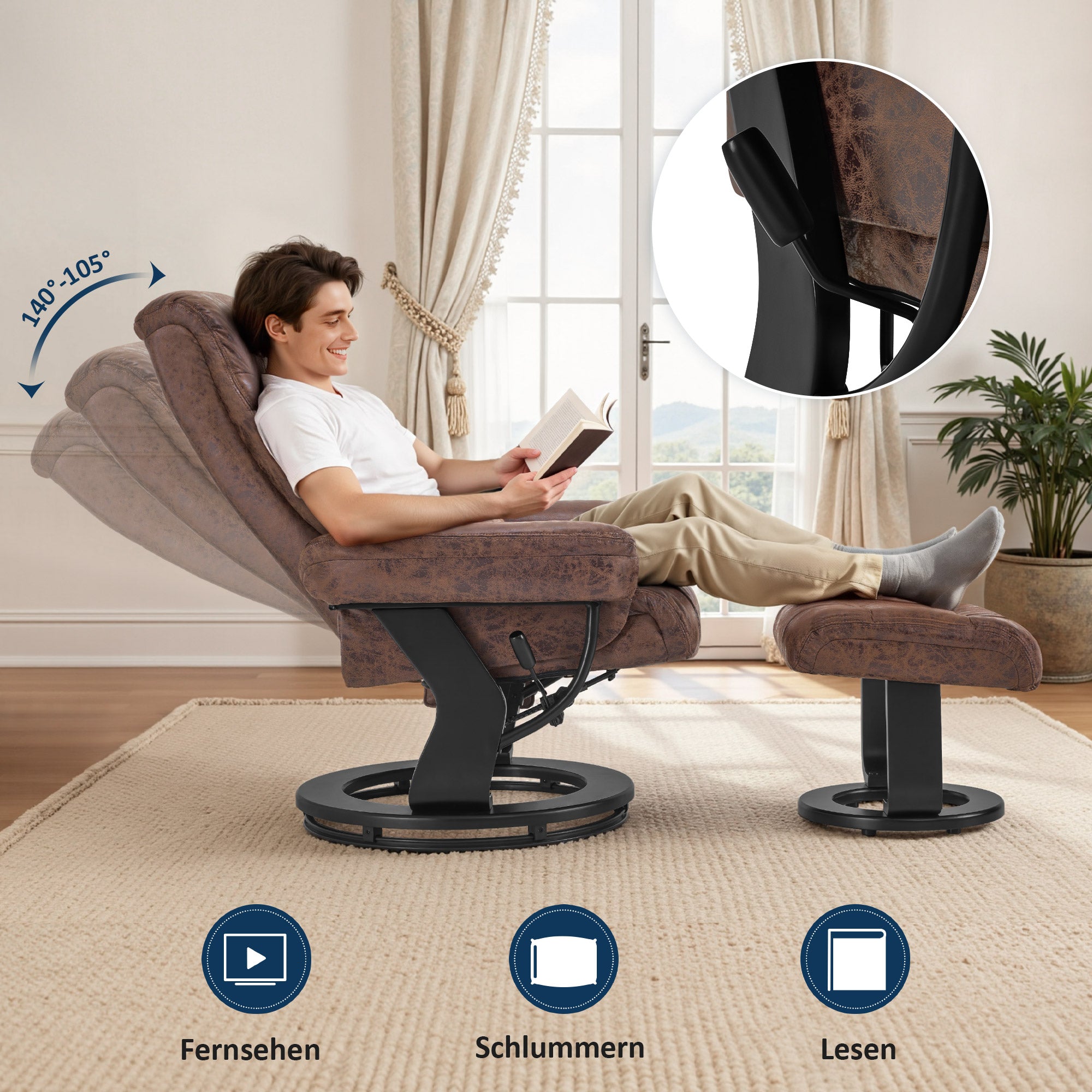 MCombo Poltrona relax con funzione reclinabile, poltrona da lettura, poltrona TV girevole a 360° con poggiapiedi, cuscino e tasca laterale, portata massima 120 kg, poltrona TV per soggiorno, 9035
