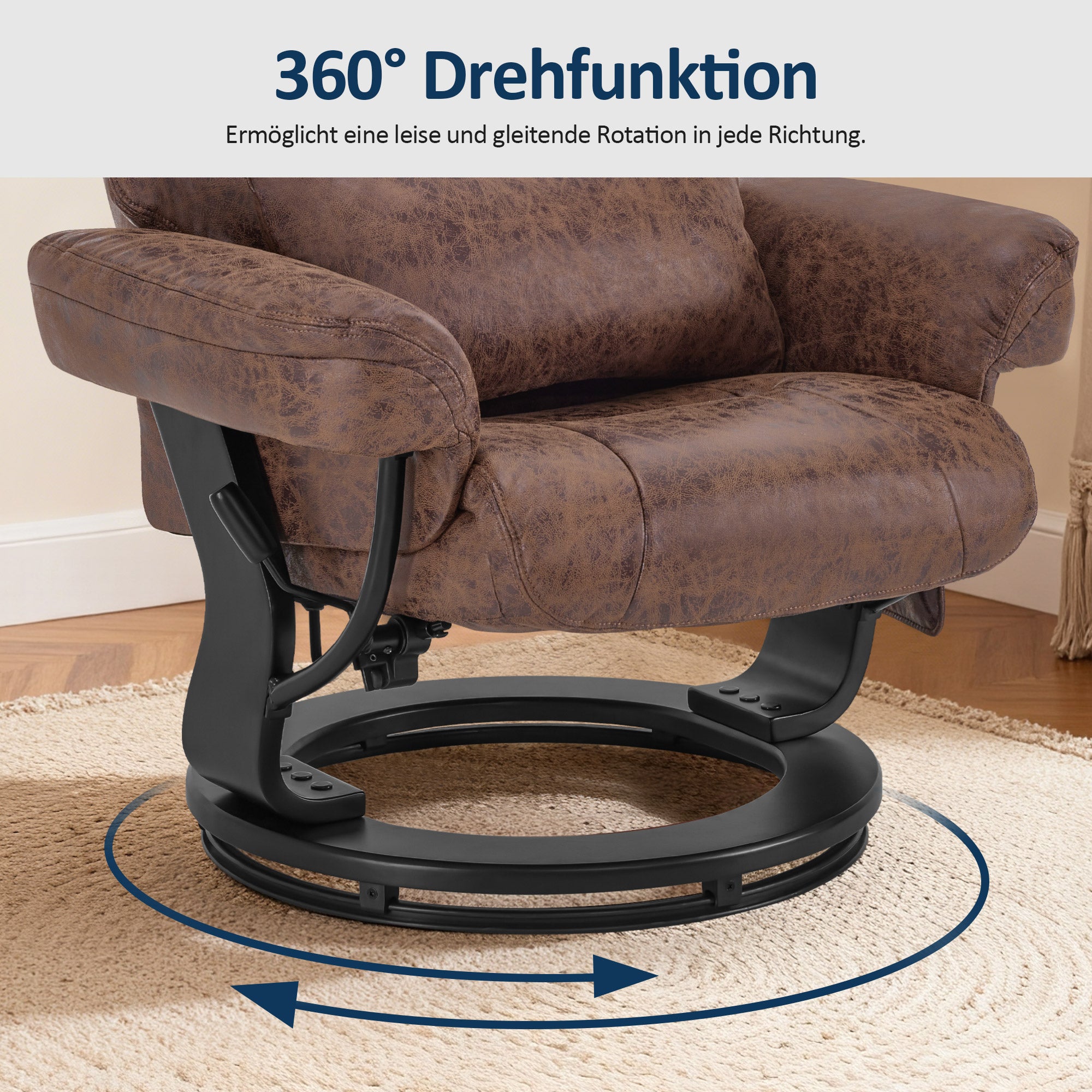 MCombo Poltrona relax con funzione reclinabile, poltrona da lettura, poltrona TV girevole a 360° con poggiapiedi, cuscino e tasca laterale, portata massima 120 kg, poltrona TV per soggiorno, 9035
