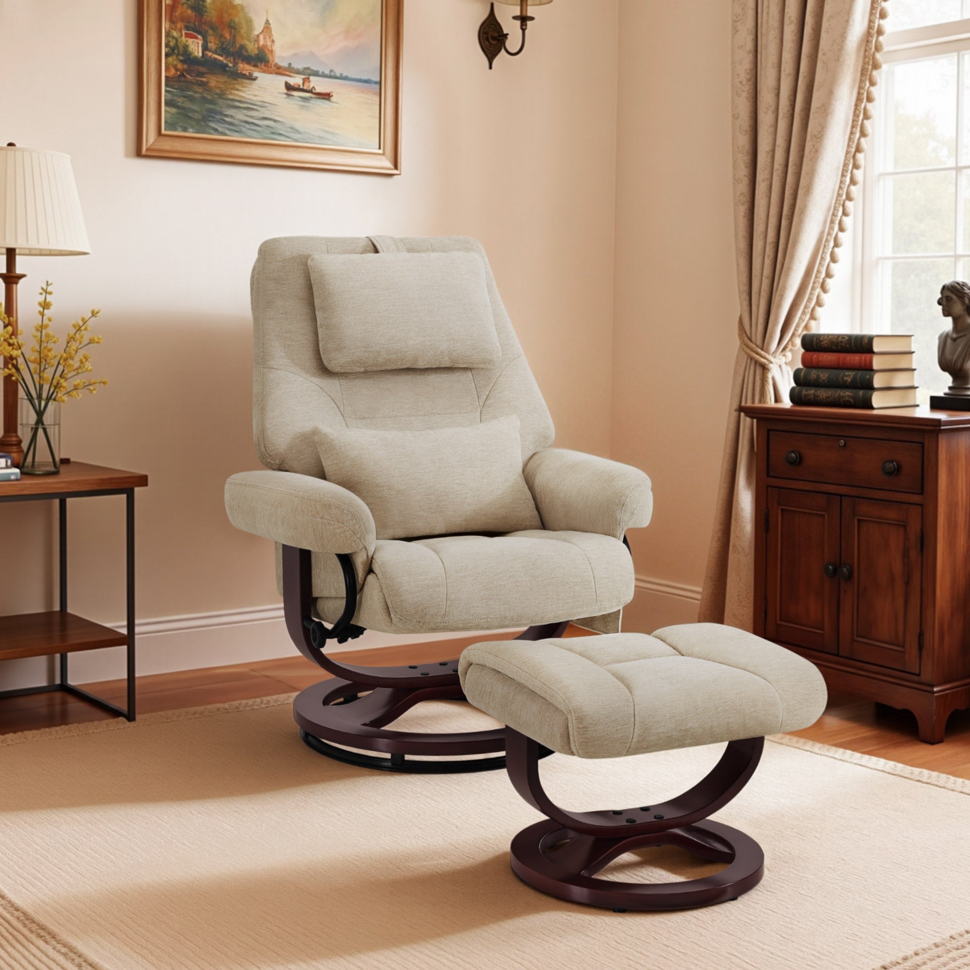 MCombo Poltrona relax con funzione reclinabile, poltrona da lettura, poltrona TV girevole a 360° con poggiapiedi, poggiatesta regolabile, cuscino di supporto lombare e tasca laterale, poltrona TV per soggiorno, 9046