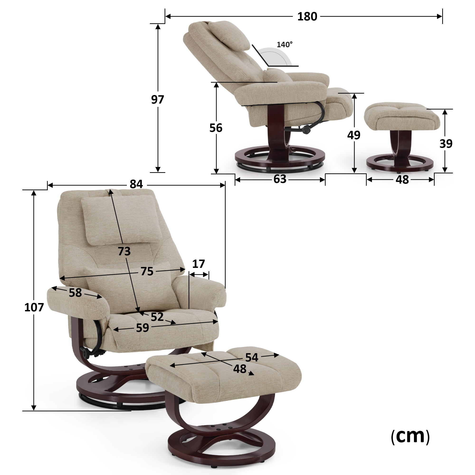 MCombo Poltrona relax con funzione reclinabile, poltrona da lettura, poltrona TV girevole a 360° con poggiapiedi, poggiatesta regolabile, cuscino di supporto lombare e tasca laterale, poltrona TV per soggiorno, 9046