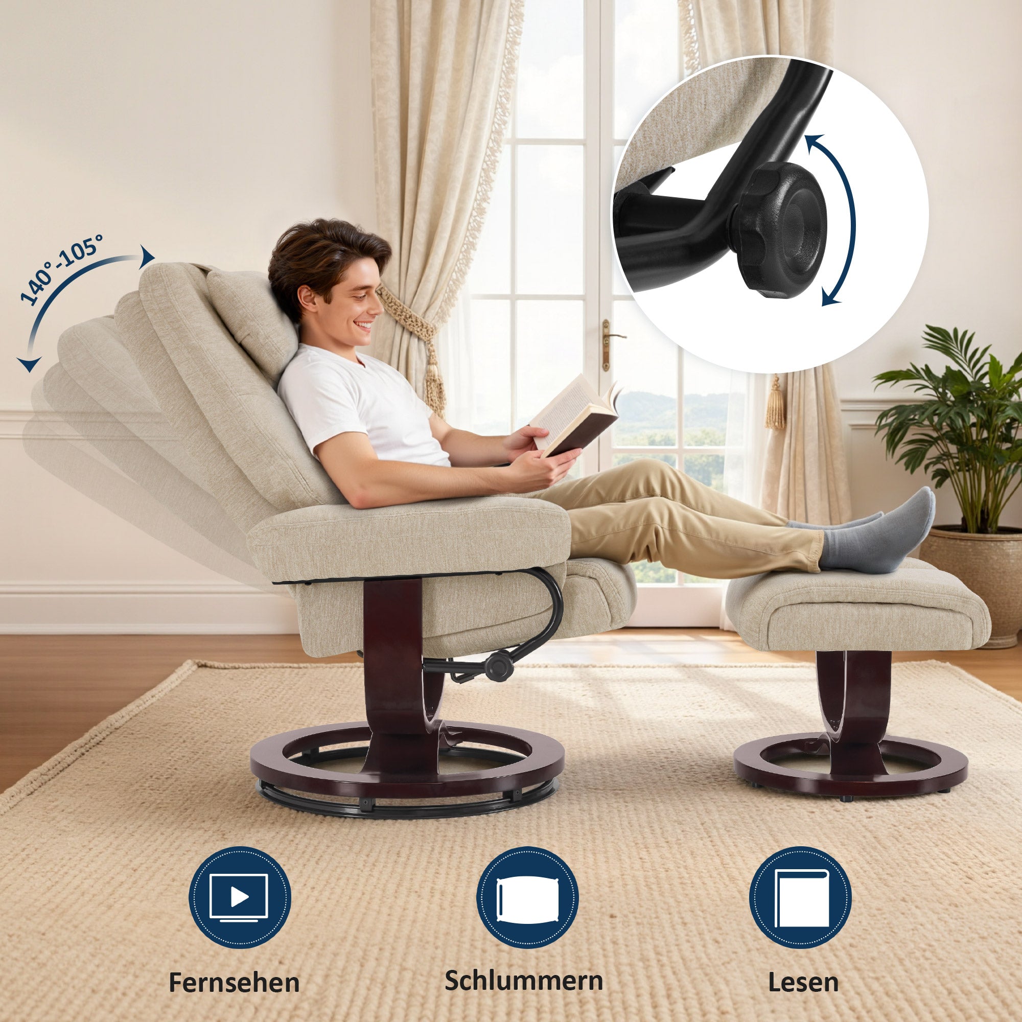 MCombo Poltrona relax con funzione reclinabile, poltrona da lettura, poltrona TV girevole a 360° con poggiapiedi, poggiatesta regolabile, cuscino di supporto lombare e tasca laterale, poltrona TV per soggiorno, 9046