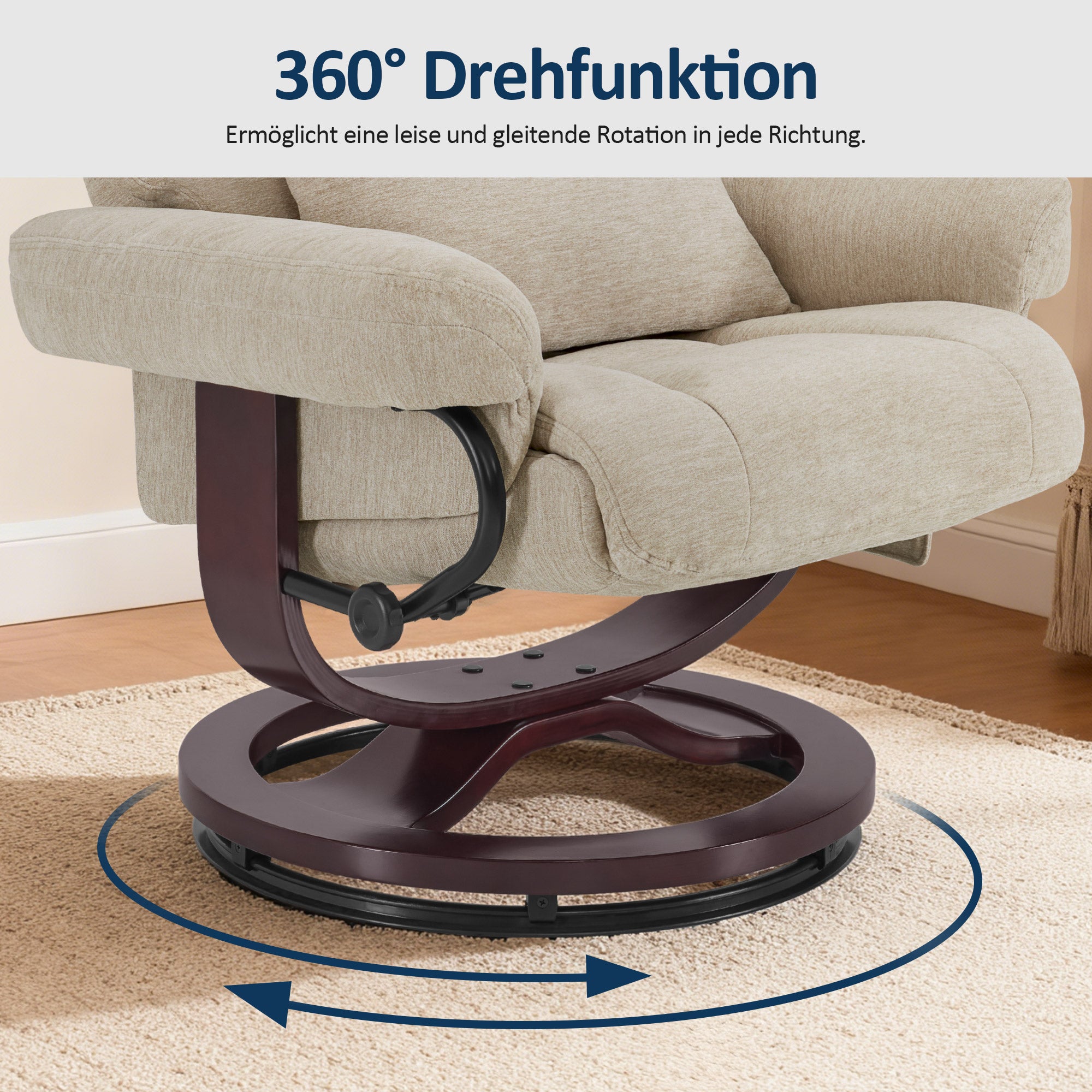 MCombo Poltrona relax con funzione reclinabile, poltrona da lettura, poltrona TV girevole a 360° con poggiapiedi, poggiatesta regolabile, cuscino di supporto lombare e tasca laterale, poltrona TV per soggiorno, 9046