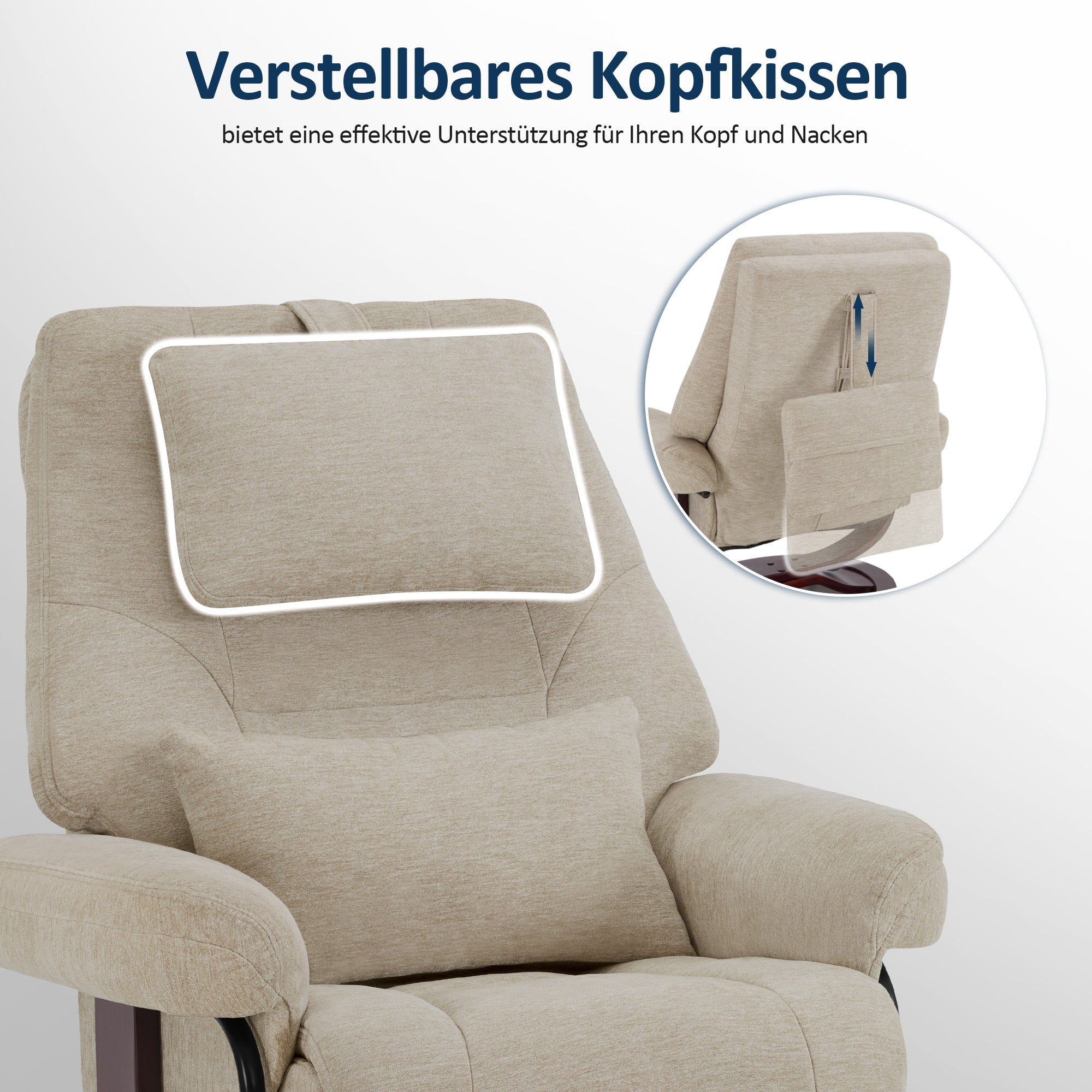 MCombo Poltrona relax con funzione reclinabile, poltrona da lettura, poltrona TV girevole a 360° con poggiapiedi, poggiatesta regolabile, cuscino di supporto lombare e tasca laterale, poltrona TV per soggiorno, 9046