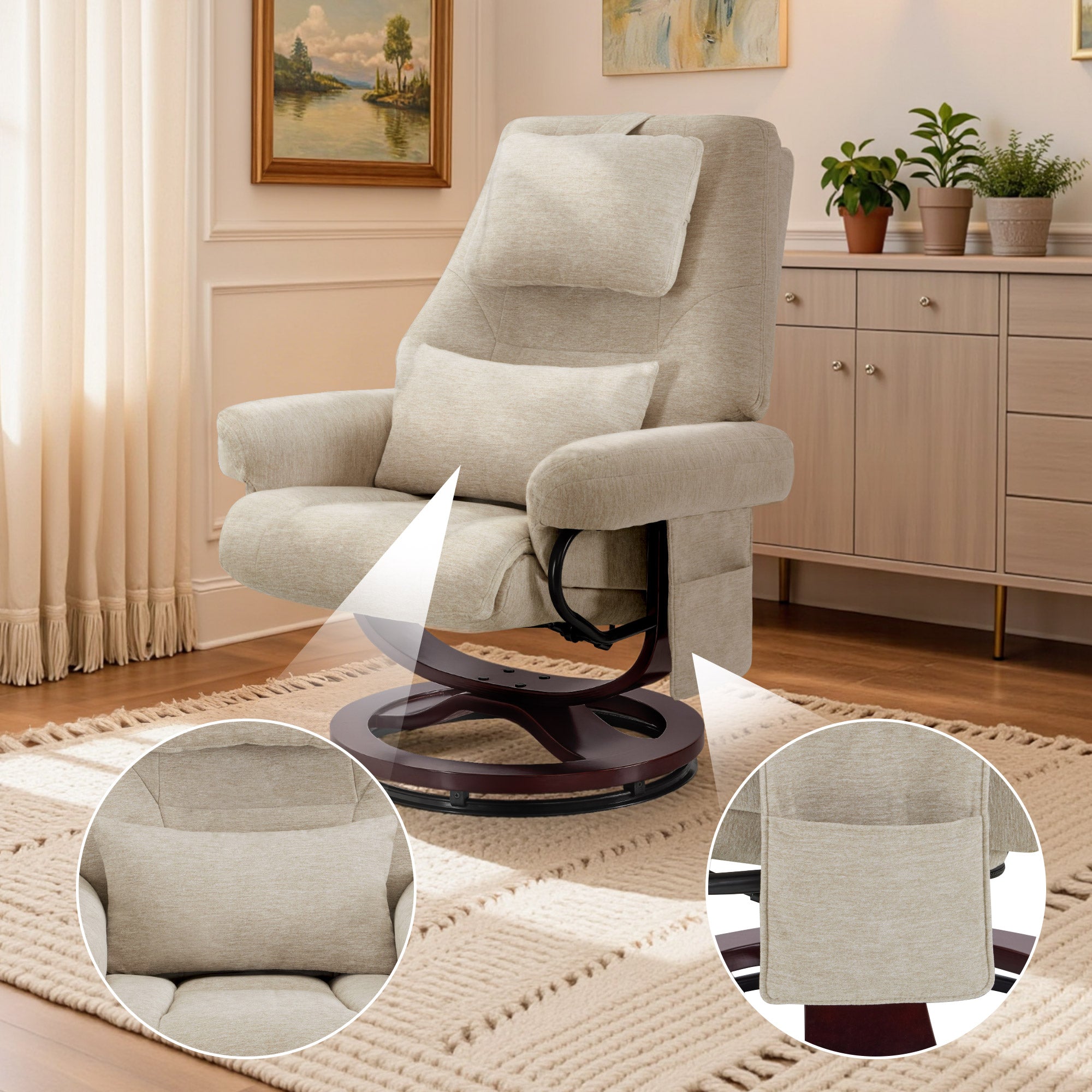 MCombo Poltrona relax con funzione reclinabile, poltrona da lettura, poltrona TV girevole a 360° con poggiapiedi, poggiatesta regolabile, cuscino di supporto lombare e tasca laterale, poltrona TV per soggiorno, 9046