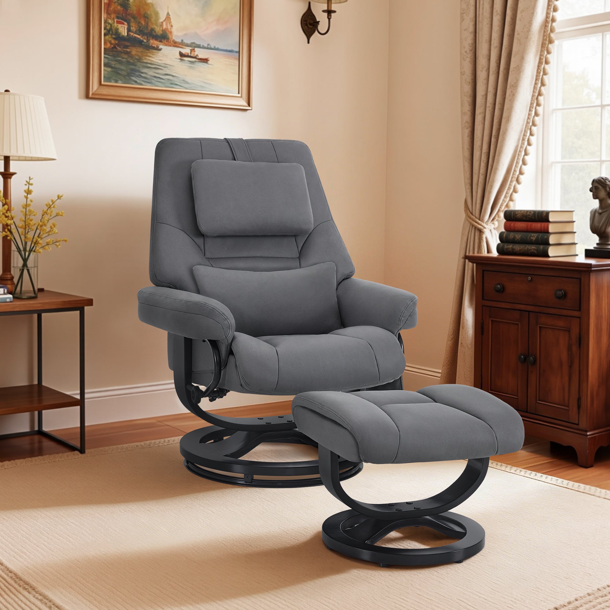 MCombo Poltrona relax con funzione reclinabile, poltrona da lettura, poltrona TV girevole a 360° con poggiapiedi, poggiatesta regolabile, cuscino di supporto lombare e tasca laterale, poltrona TV per soggiorno, 9046