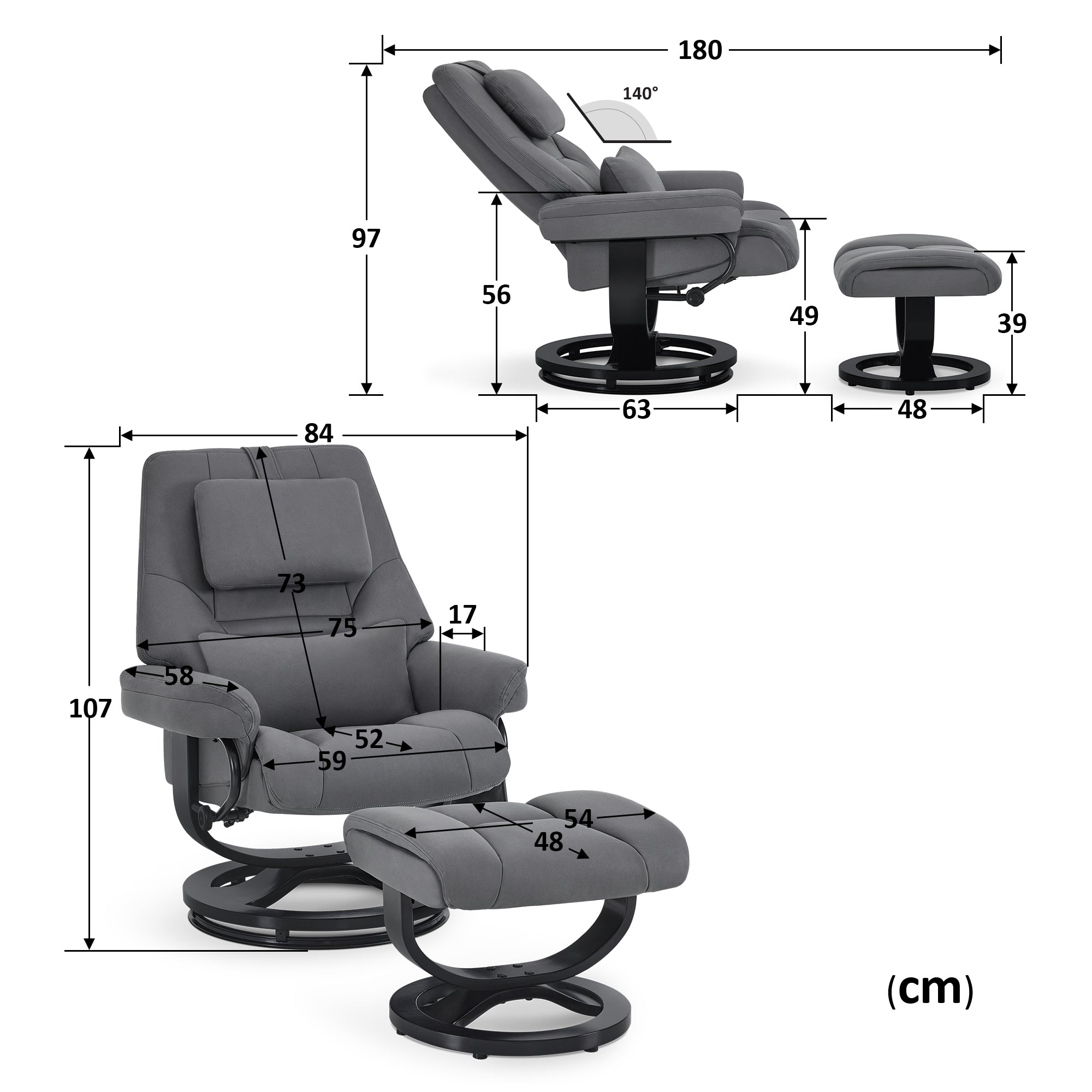 MCombo Poltrona relax con funzione reclinabile, poltrona da lettura, poltrona TV girevole a 360° con poggiapiedi, poggiatesta regolabile, cuscino di supporto lombare e tasca laterale, poltrona TV per soggiorno, 9046