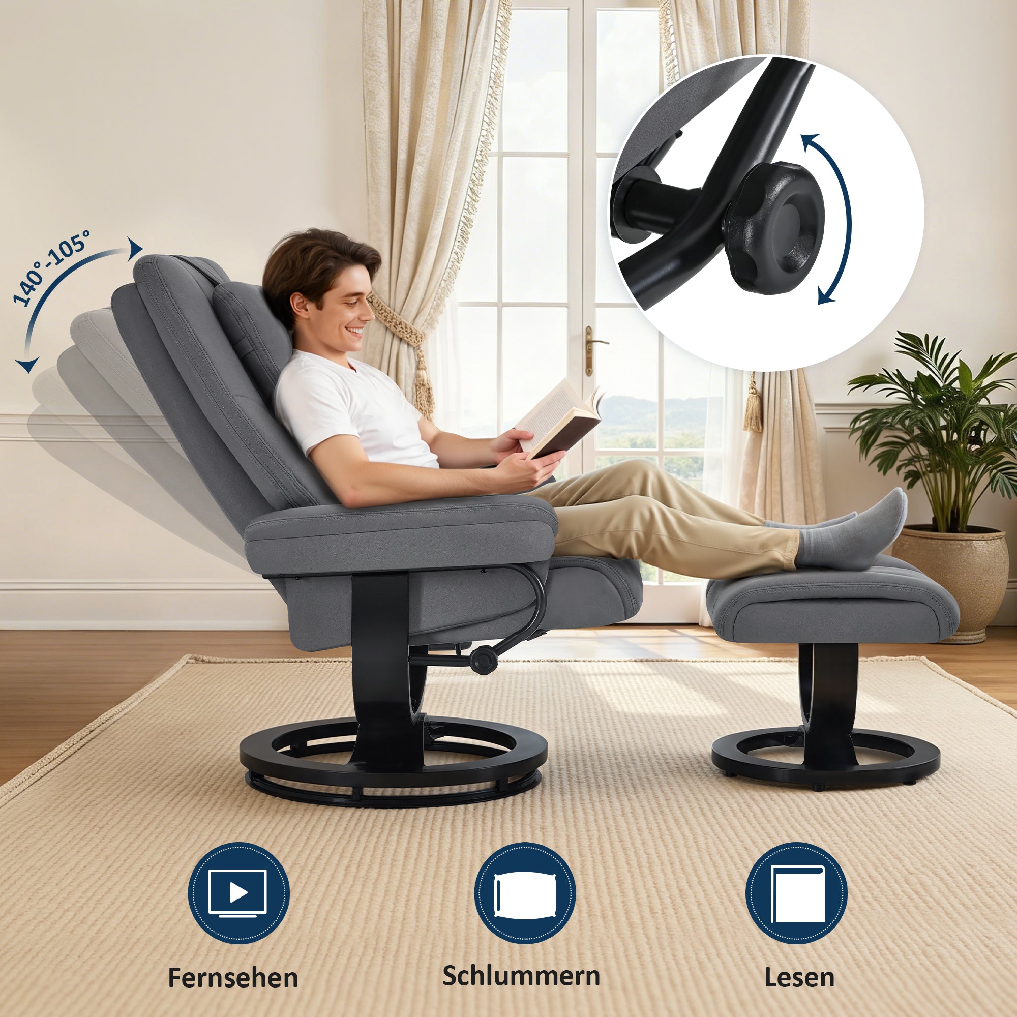 MCombo Poltrona relax con funzione reclinabile, poltrona da lettura, poltrona TV girevole a 360° con poggiapiedi, poggiatesta regolabile, cuscino di supporto lombare e tasca laterale, poltrona TV per soggiorno, 9046