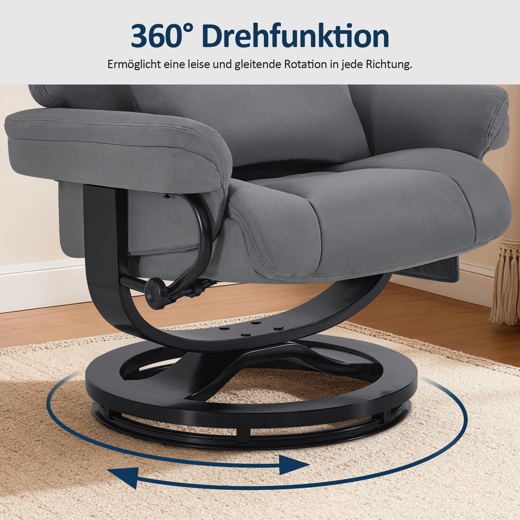 MCombo Poltrona relax con funzione reclinabile, poltrona da lettura, poltrona TV girevole a 360° con poggiapiedi, poggiatesta regolabile, cuscino di supporto lombare e tasca laterale, poltrona TV per soggiorno, 9046