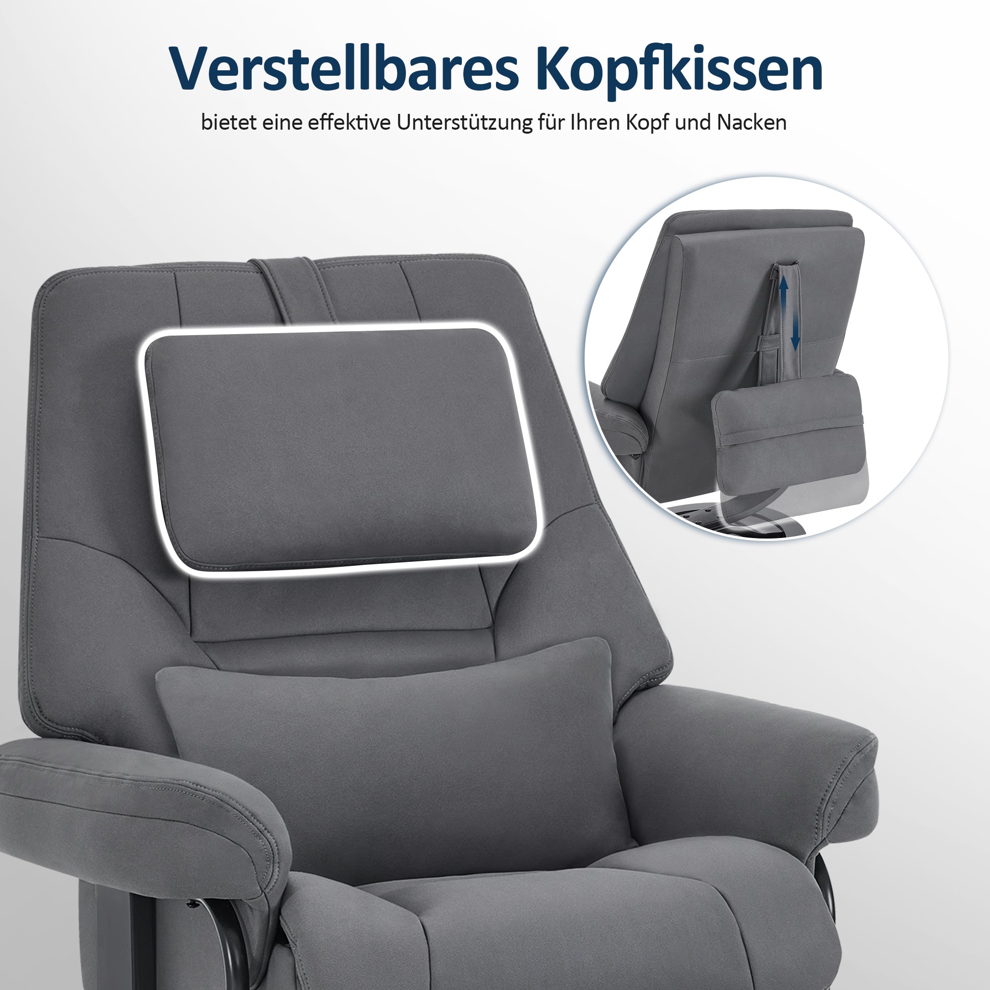 MCombo Poltrona relax con funzione reclinabile, poltrona da lettura, poltrona TV girevole a 360° con poggiapiedi, poggiatesta regolabile, cuscino di supporto lombare e tasca laterale, poltrona TV per soggiorno, 9046