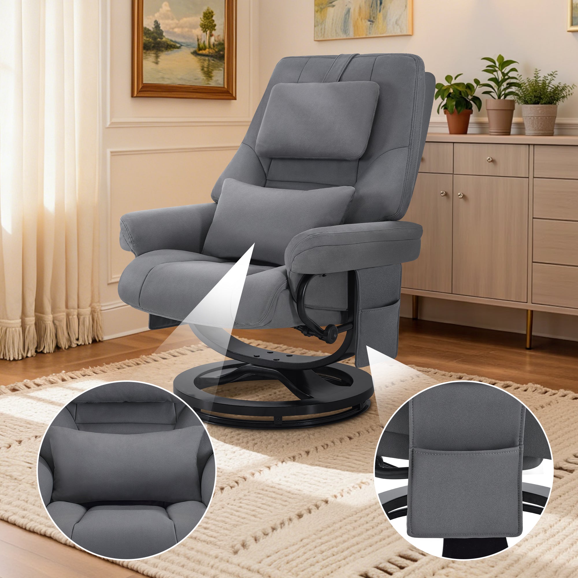 MCombo Poltrona relax con funzione reclinabile, poltrona da lettura, poltrona TV girevole a 360° con poggiapiedi, poggiatesta regolabile, cuscino di supporto lombare e tasca laterale, poltrona TV per soggiorno, 9046