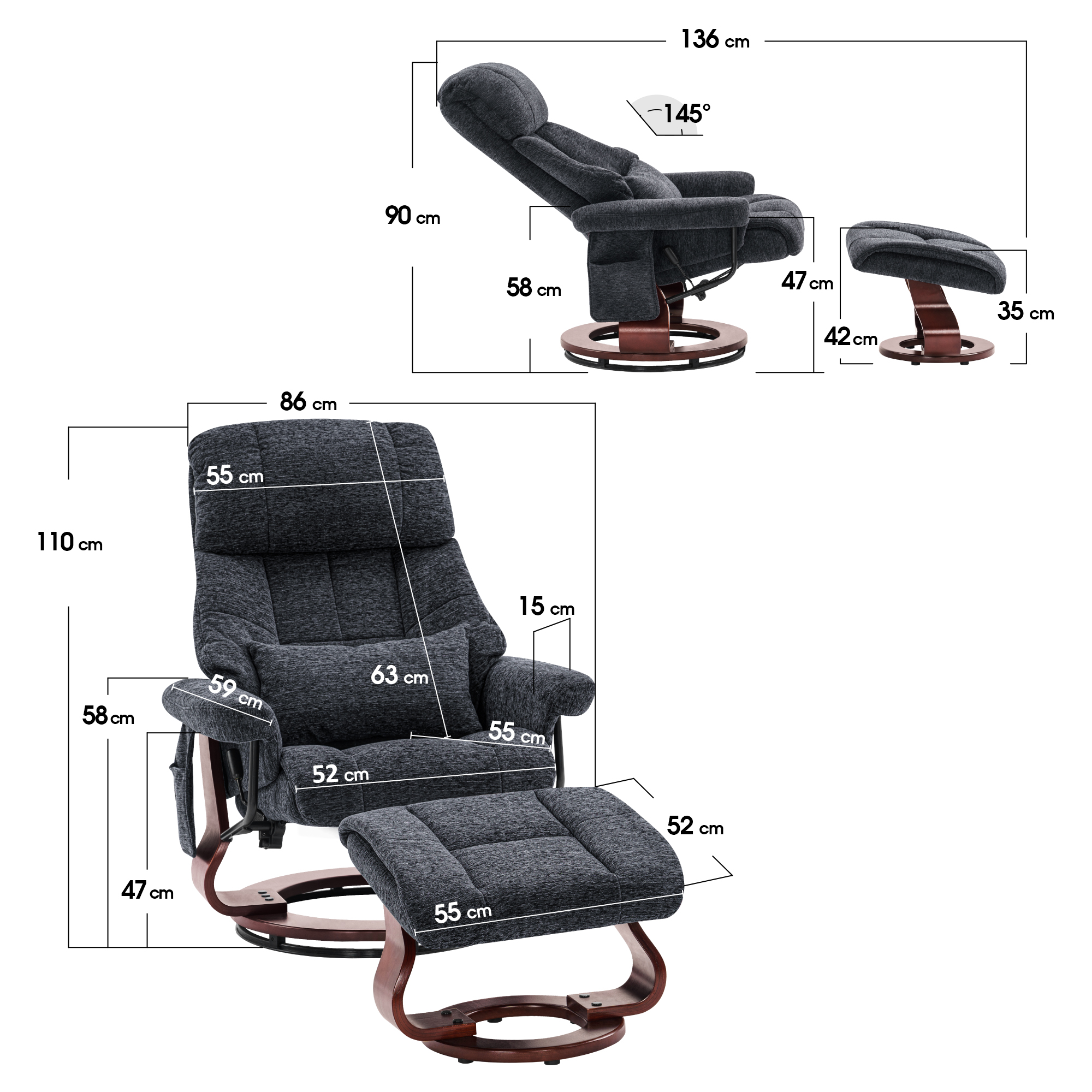 MCombo Poltrona relax con poggiapiedi, poltrona TV girevole a 360° con funzione reclinabile, portata massima 120 kg, moderna poltrona lounge per soggiorno, 9066