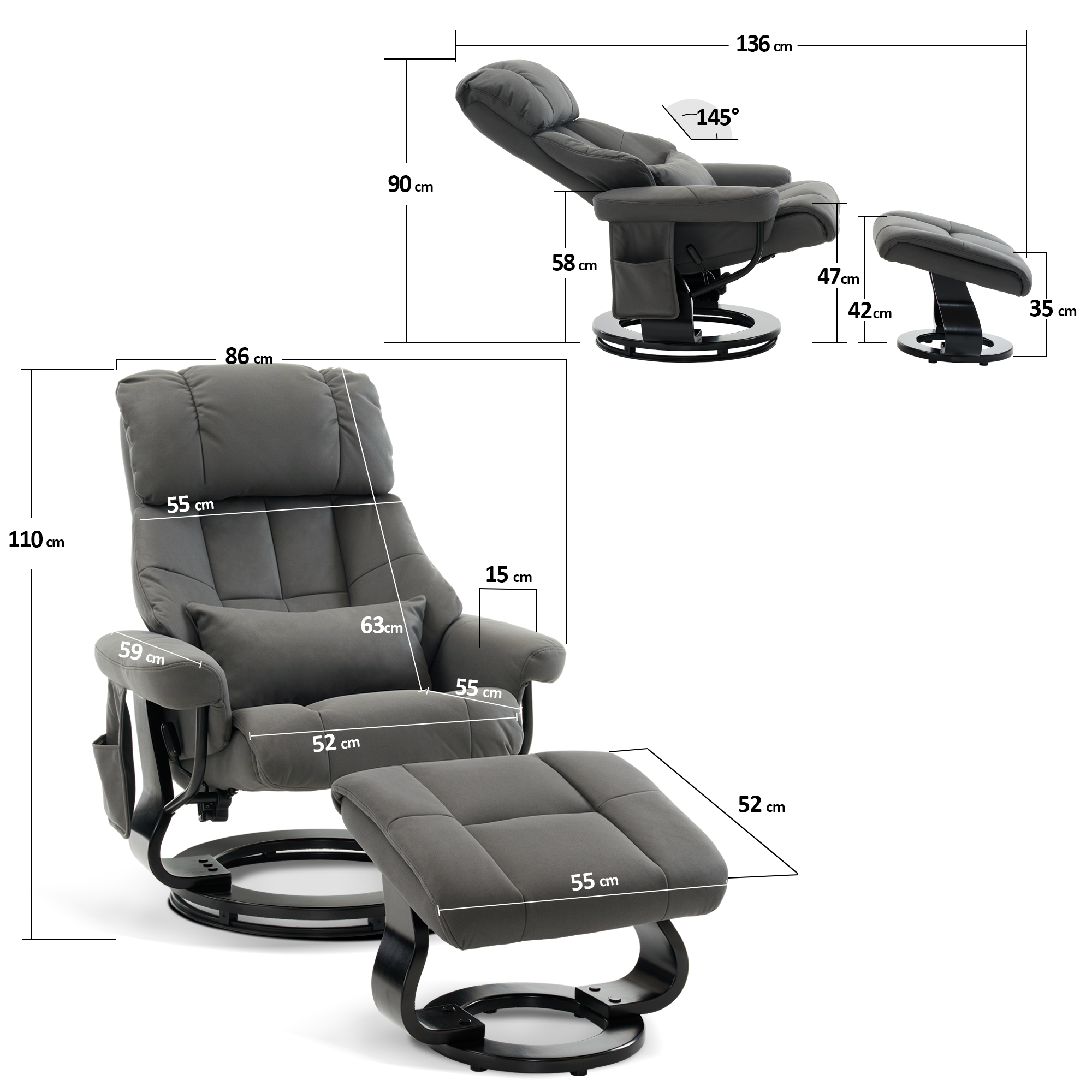 MCombo Poltrona relax con poggiapiedi, poltrona TV girevole a 360° con funzione reclinabile, portata massima 120 kg, moderna poltrona lounge per soggiorno, 9066