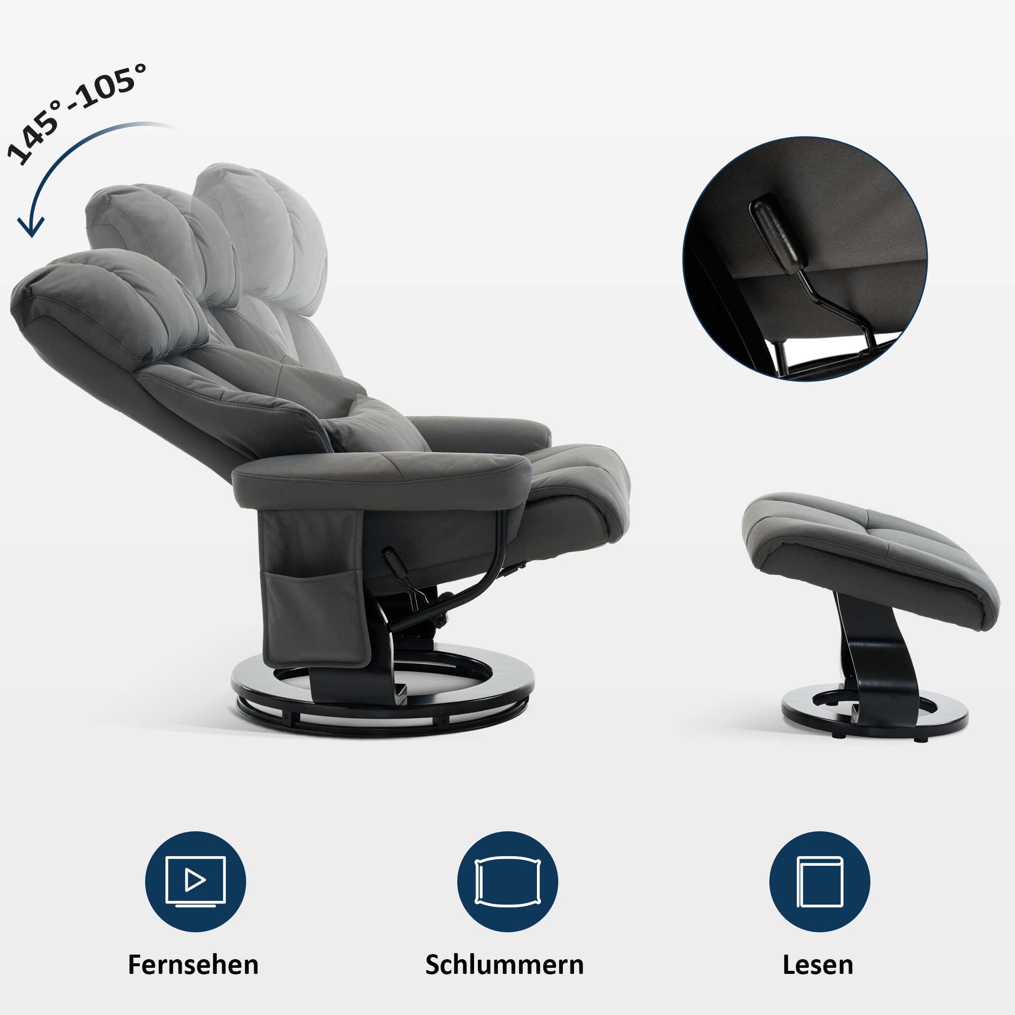 MCombo Poltrona relax con poggiapiedi, poltrona TV girevole a 360° con funzione reclinabile, portata massima 120 kg, moderna poltrona lounge per soggiorno, 9066