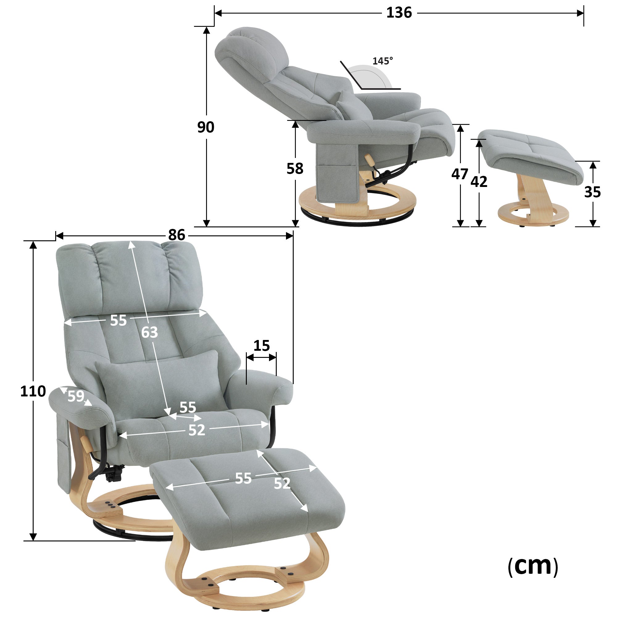 MCombo Poltrona relax con poggiapiedi, poltrona TV girevole a 360° con funzione reclinabile, portata massima 120 kg, moderna poltrona lounge per soggiorno, 9066