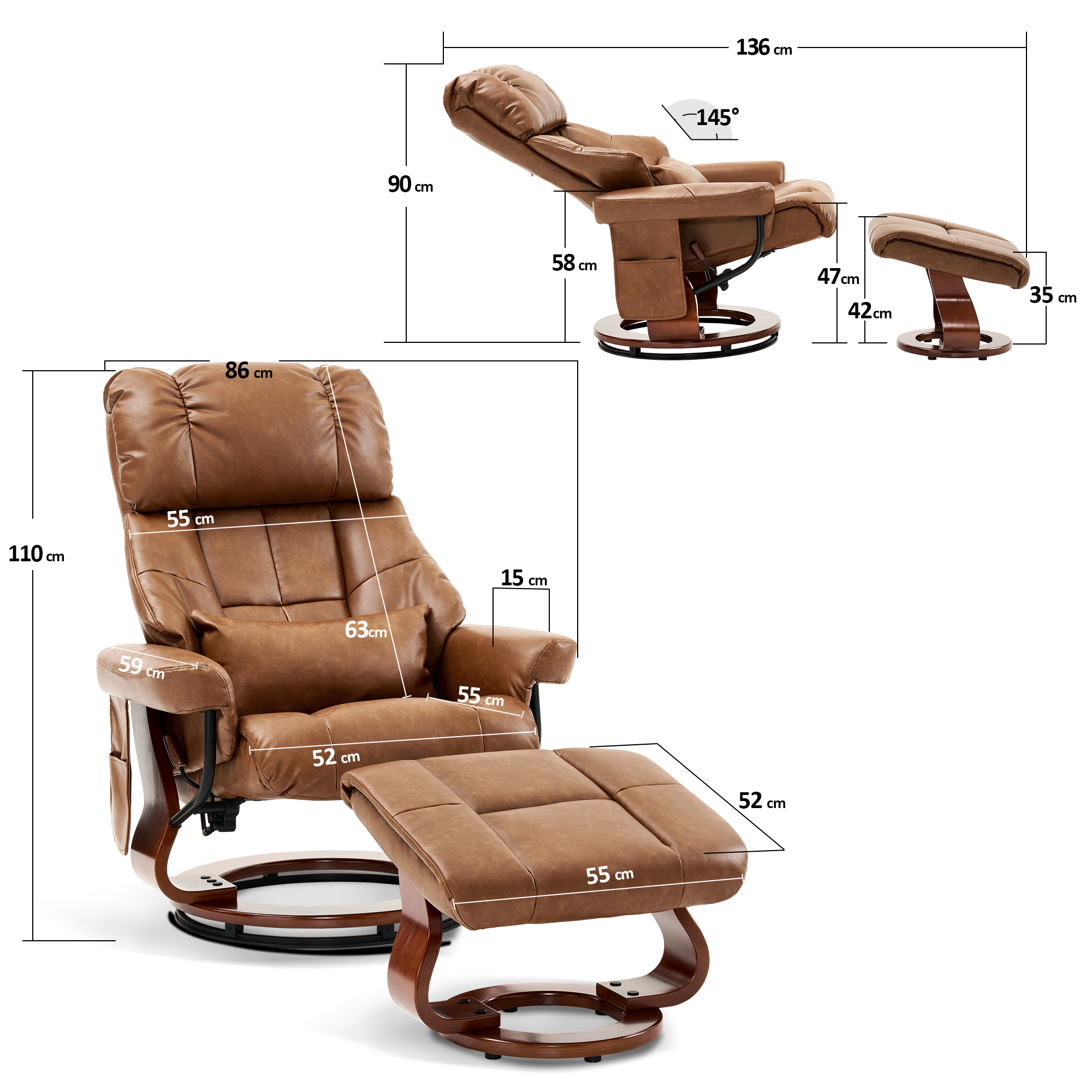 MCombo Poltrona relax con poggiapiedi, poltrona TV girevole a 360° con funzione reclinabile, portata massima 120 kg, moderna poltrona lounge per soggiorno, 9066