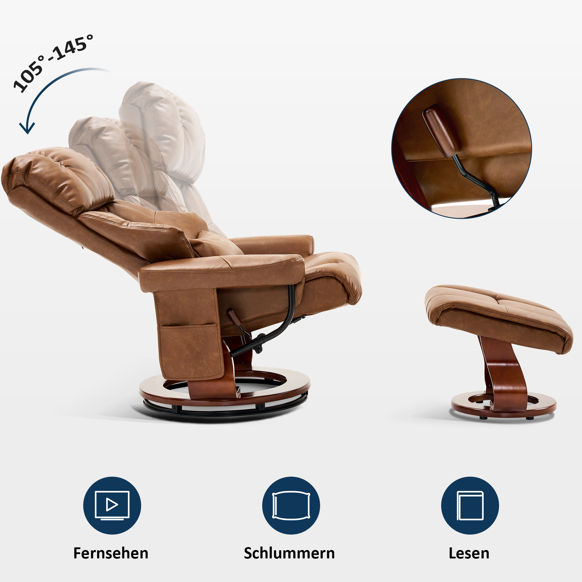 MCombo Poltrona relax con poggiapiedi, poltrona TV girevole a 360° con funzione reclinabile, portata massima 120 kg, moderna poltrona lounge per soggiorno, 9066