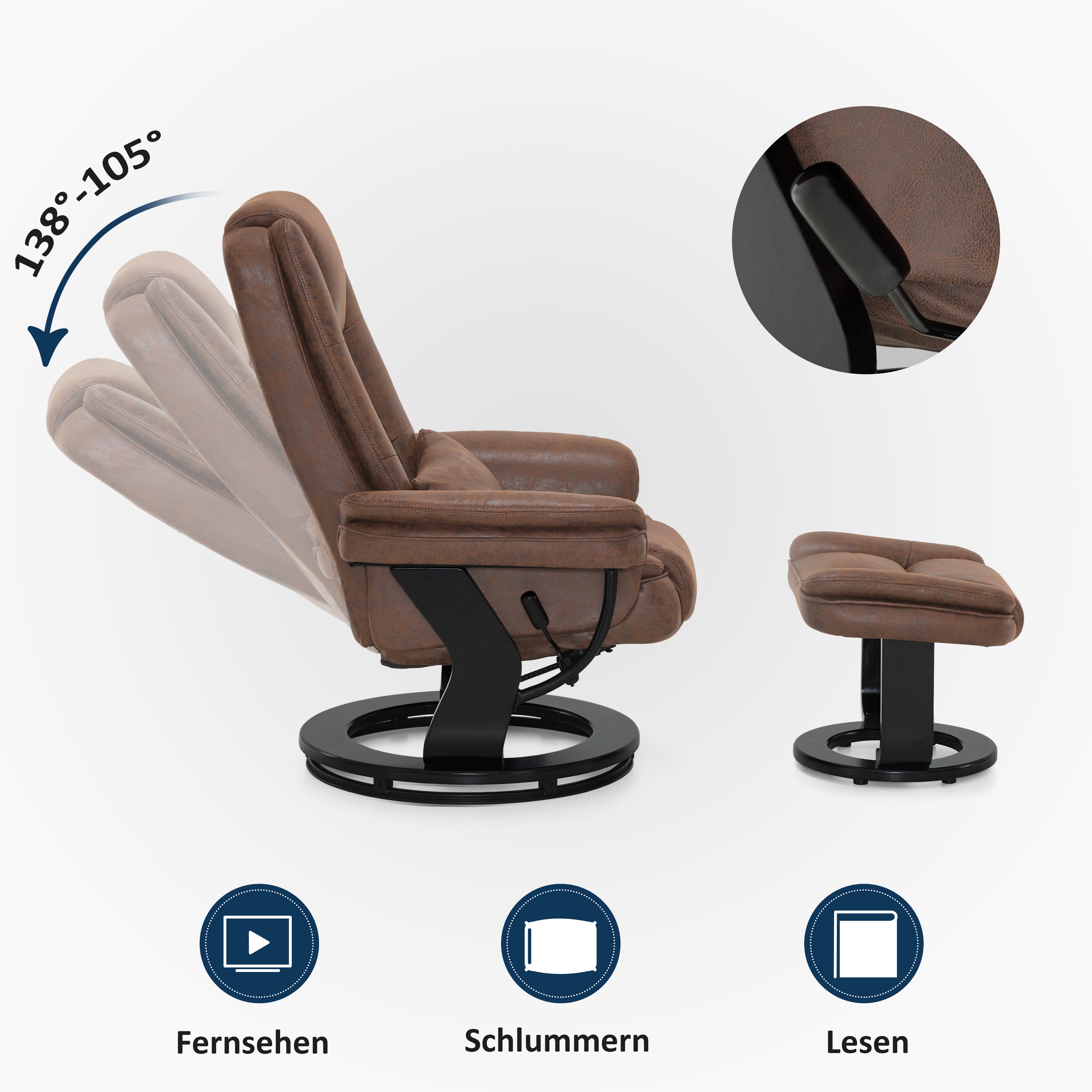 MCombo Poltrona relax reclinabile e girevole a 360° con poggiapiedi, portata fino a 120 kg, adatta al soggiorno, include cuscino e tasca laterale, comoda poltrona da lettura, 9099