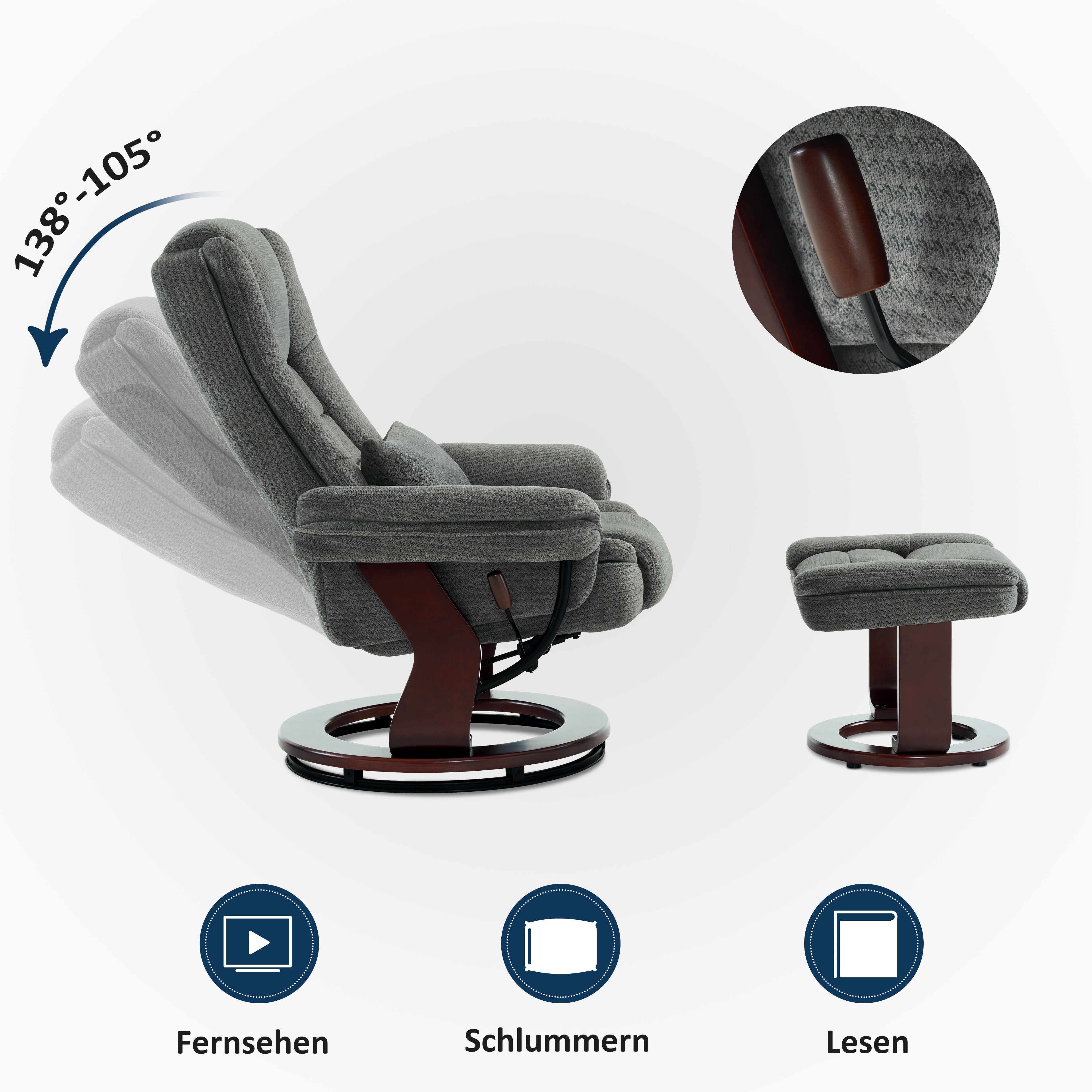 MCombo Poltrona relax reclinabile e girevole a 360° con poggiapiedi, portata fino a 120 kg, adatta al soggiorno, include cuscino e tasca laterale, comoda poltrona da lettura, 9099