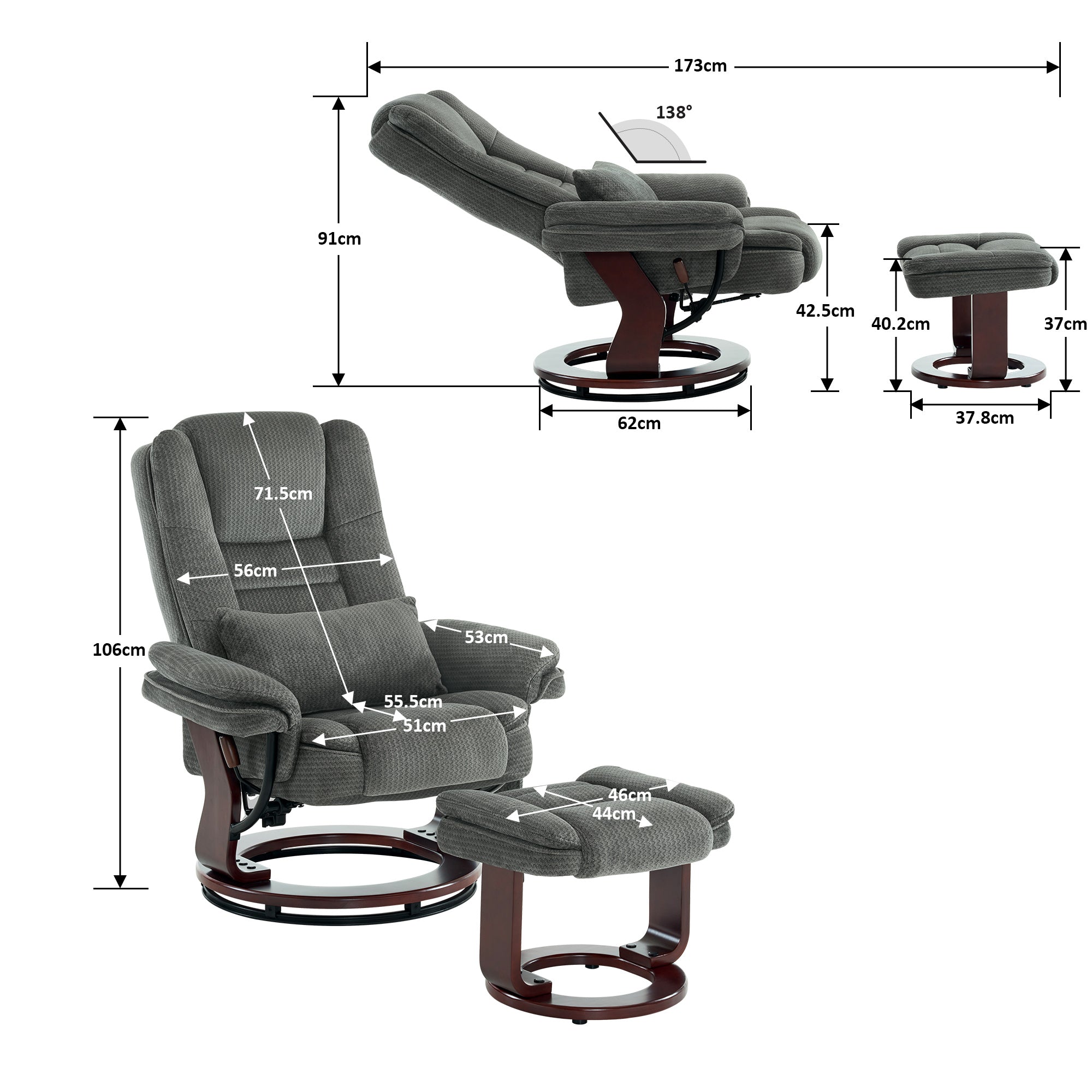 MCombo Poltrona relax reclinabile e girevole a 360° con poggiapiedi, portata fino a 120 kg, adatta al soggiorno, include cuscino e tasca laterale, comoda poltrona da lettura, 9099