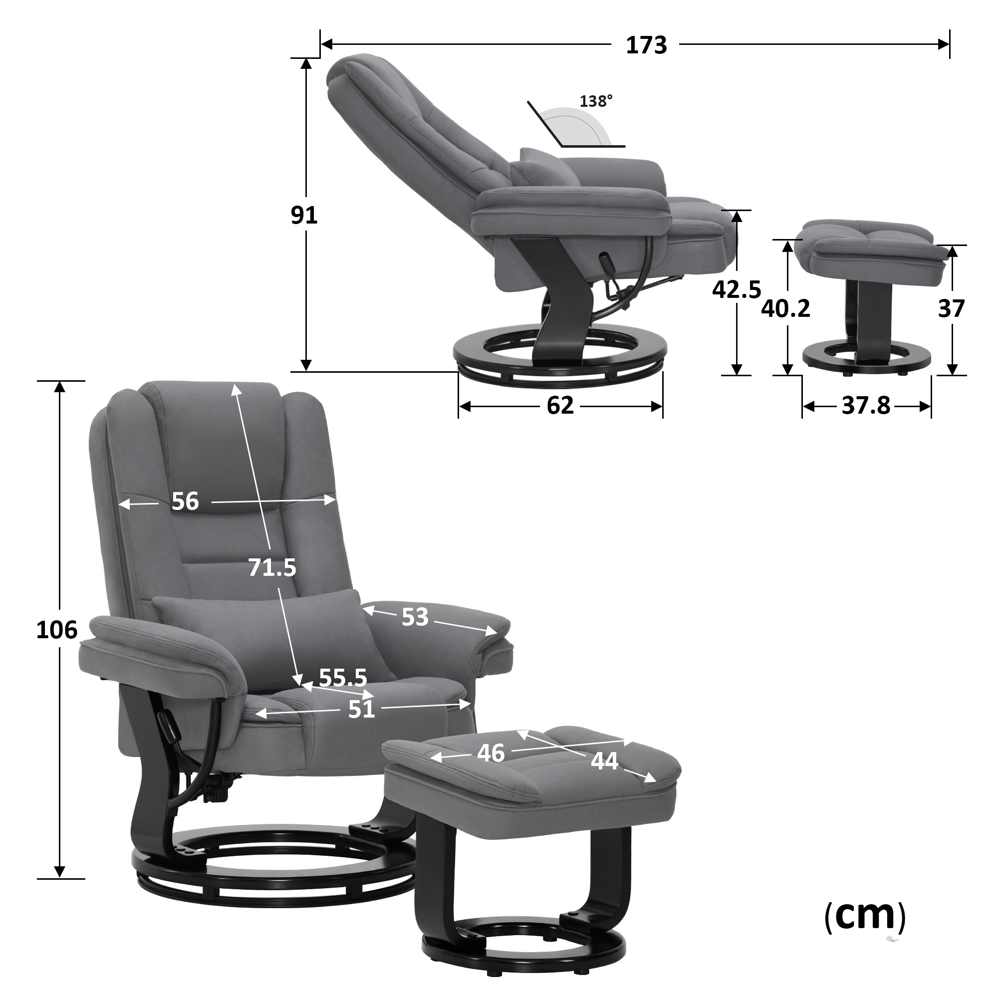 MCombo Poltrona relax reclinabile e girevole a 360° con poggiapiedi, portata fino a 120 kg, adatta al soggiorno, include cuscino e tasca laterale, comoda poltrona da lettura, 9099